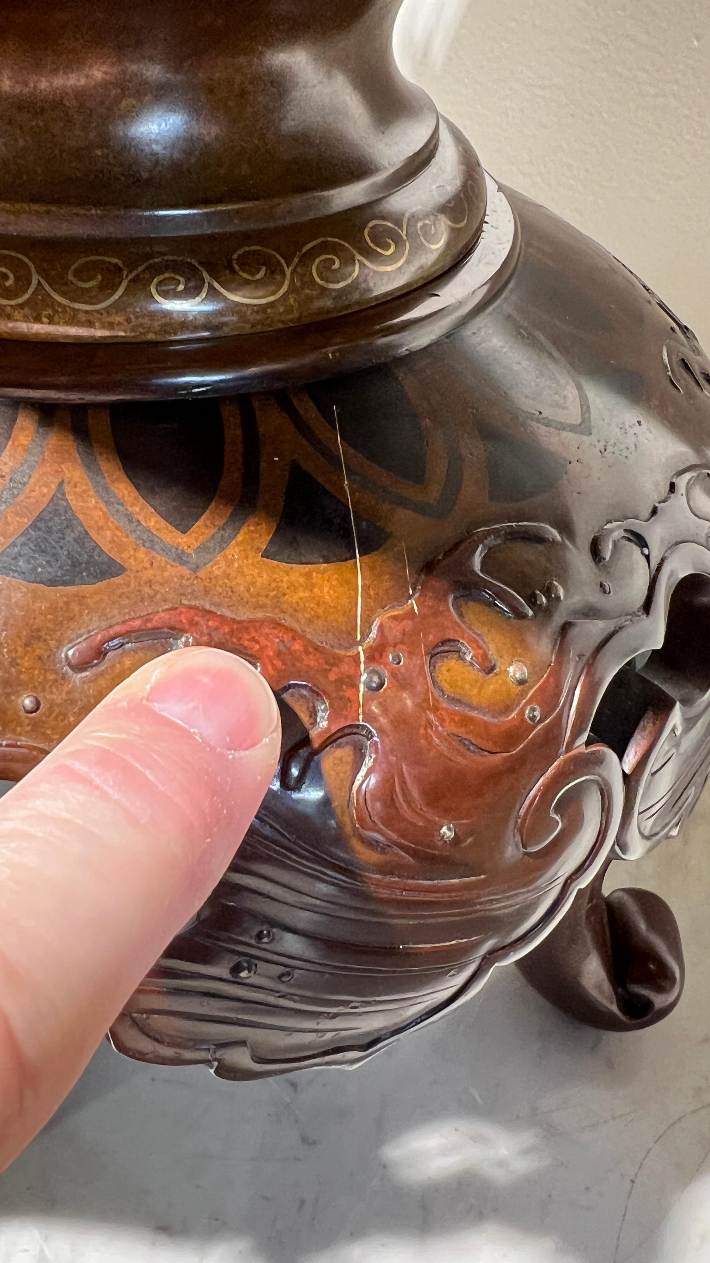Meiji Japanese Gilt and Inlaid Patinated Bronze Censer Koro Incense Burner 6