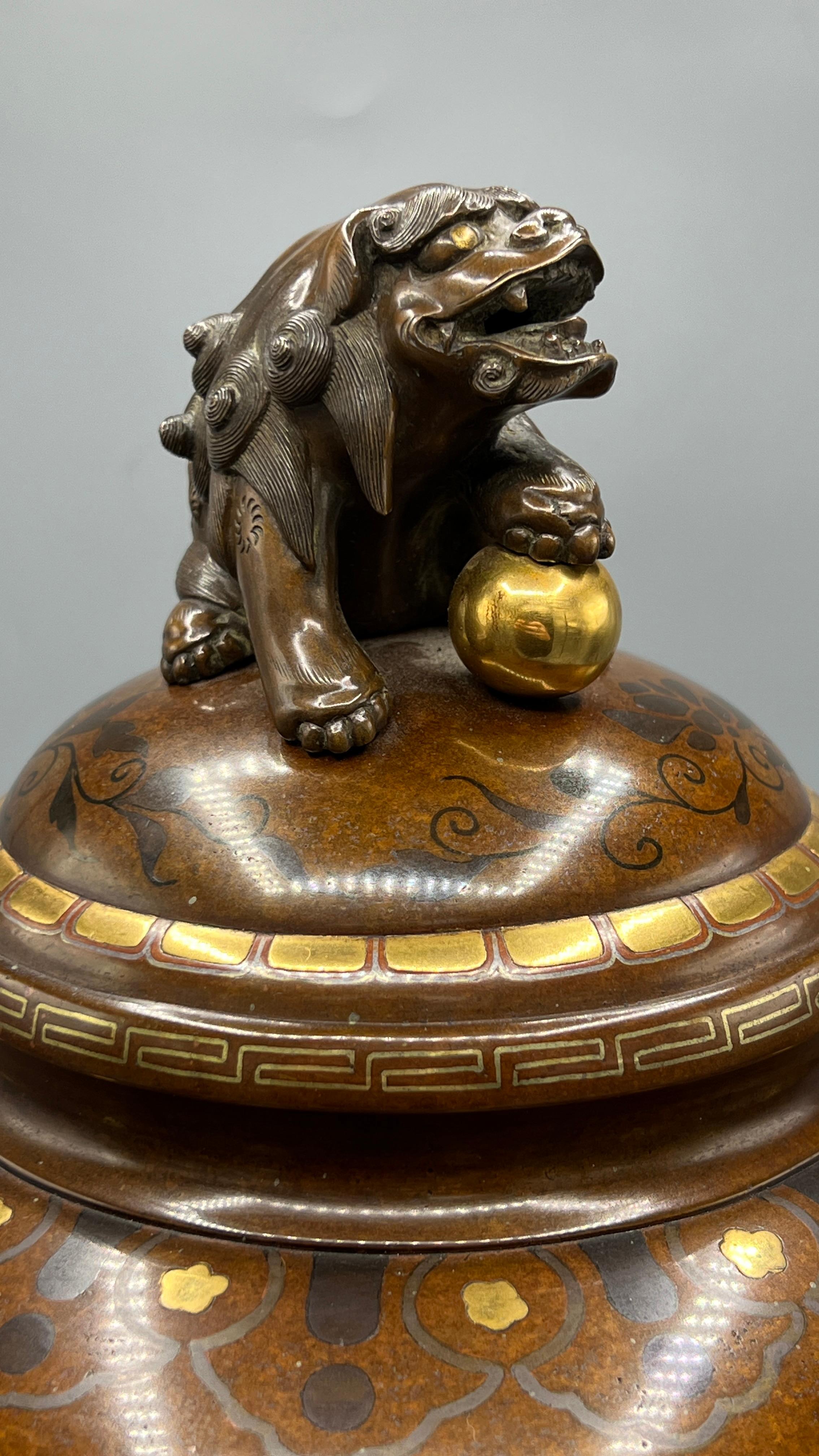 Meiji Japanese Gilt and Inlaid Patinated Bronze Censer Koro Incense Burner 2