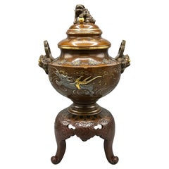 Meiji Japanese Gilt and Inlaid Patinated Bronze Censer Koro Incense Burner