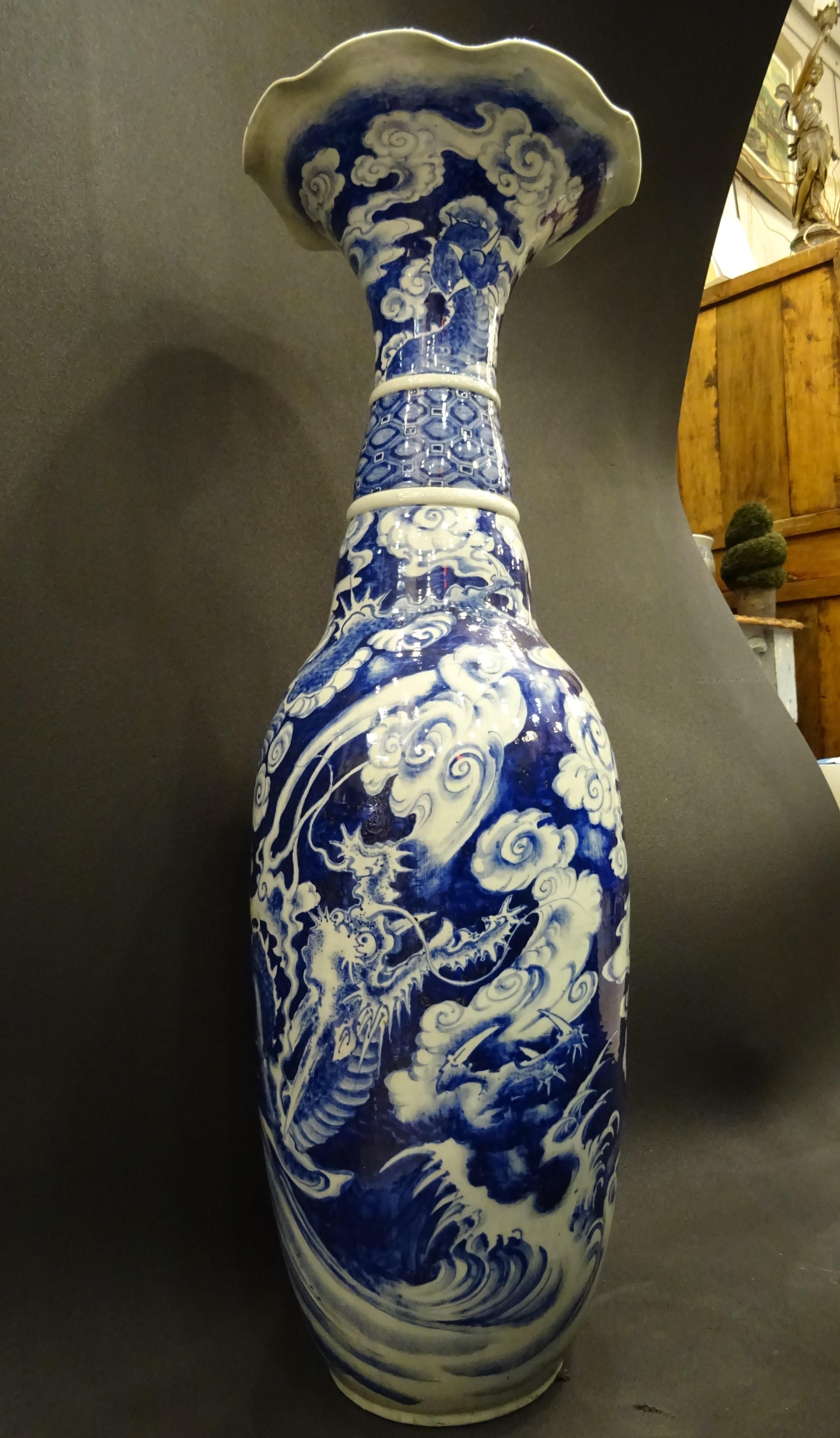 Amazing and one of a king big porcelain hand painted vase, Japanese school, period Meiji, circa 1900
With a dragon between clouds, all in a beautiful blue and white color.
It’s a stunning piece with a timeless design making your room curated and