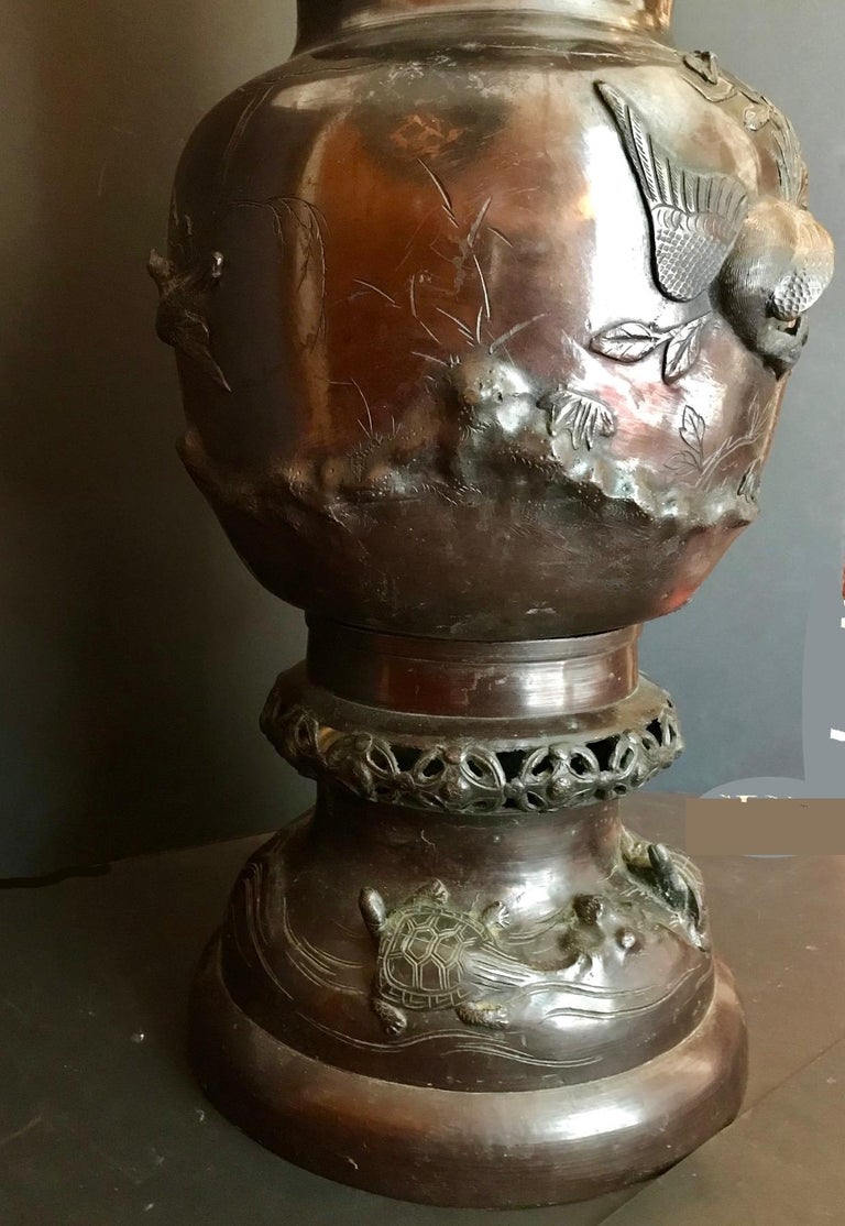 Meiji Japanese Large Bronze Floor Vase, Intricate Elaborate Decorations