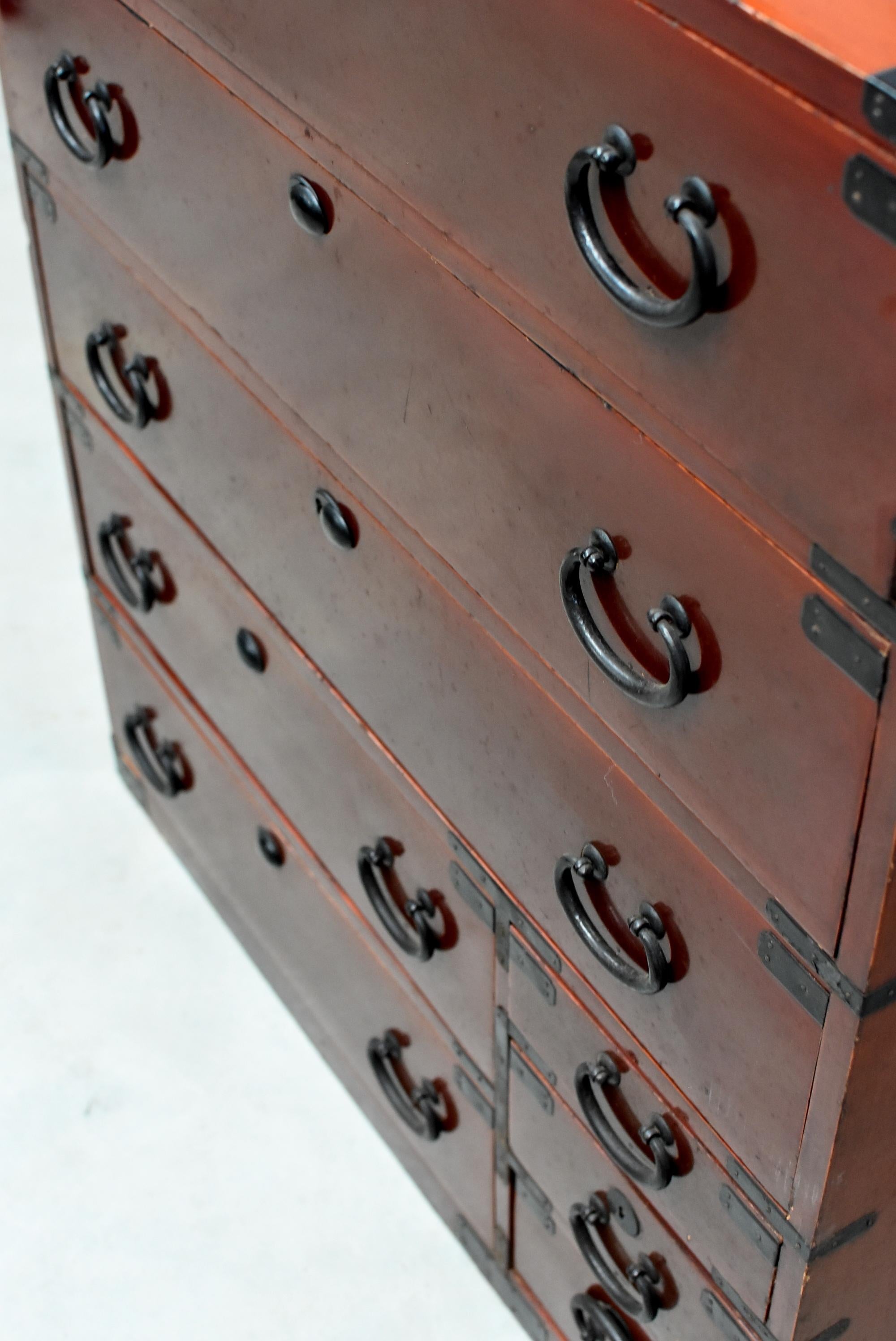 Meiji Japanese Tansu Chest, Eight-Drawer with Black Iron Hardware and Key 10