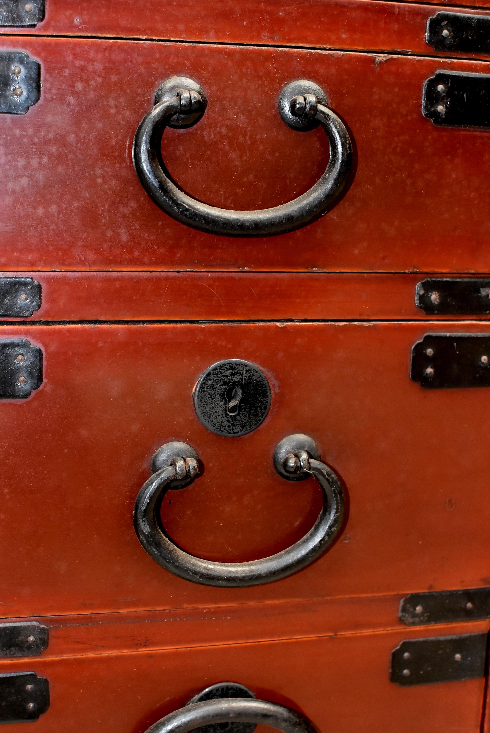 Bronze Meiji Japanese Tansu Chest, Eight-Drawer with Black Iron Hardware and Key