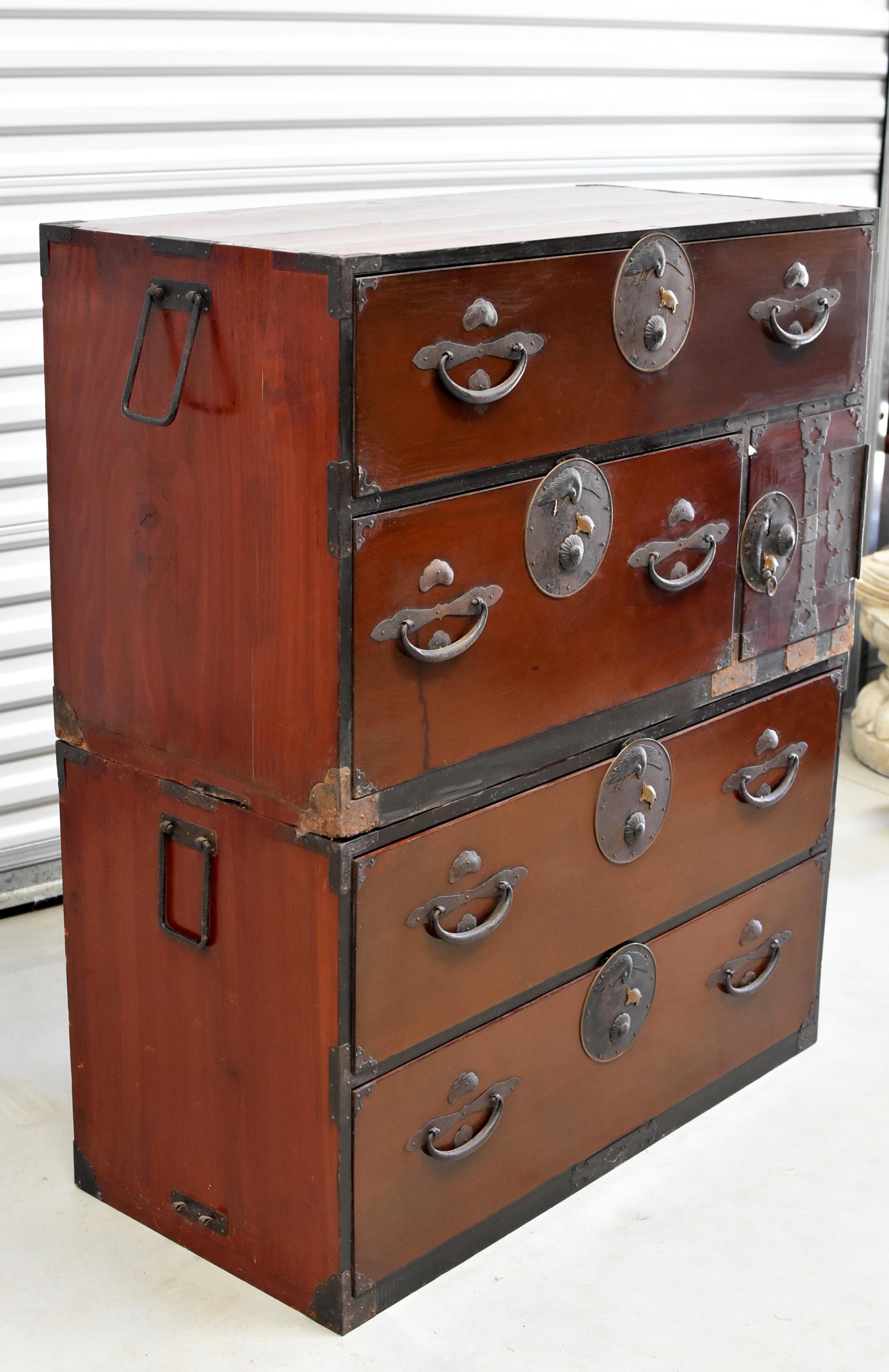 Meiji Japanese Tansu Two-Tier Chest, Crane Turtle Hardware In Good Condition In Somis, CA