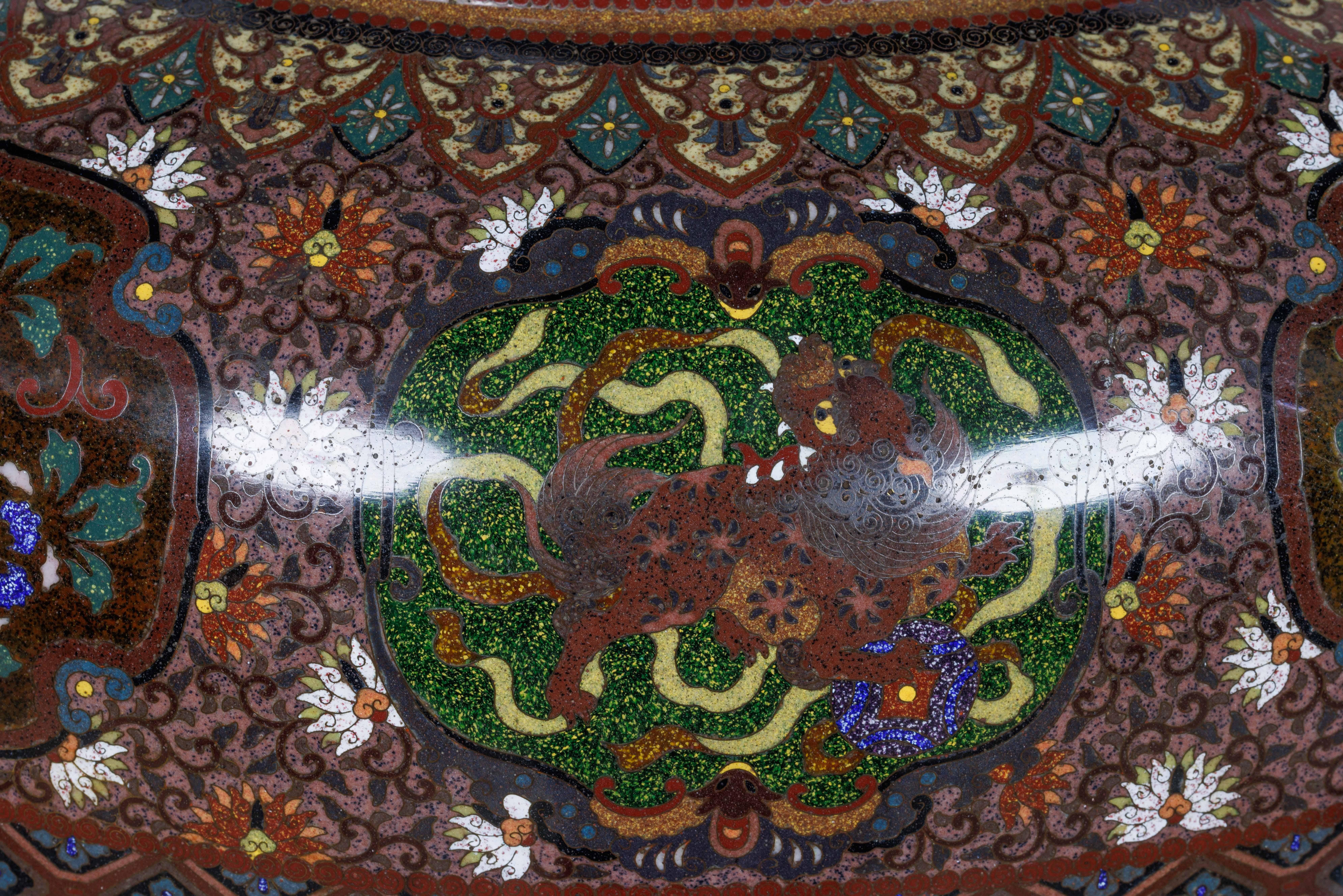 Japanese Meiji Masterpiece by Ando Jubei: A Maroon Cloisonné Vase with Dragons & Phoenix For Sale