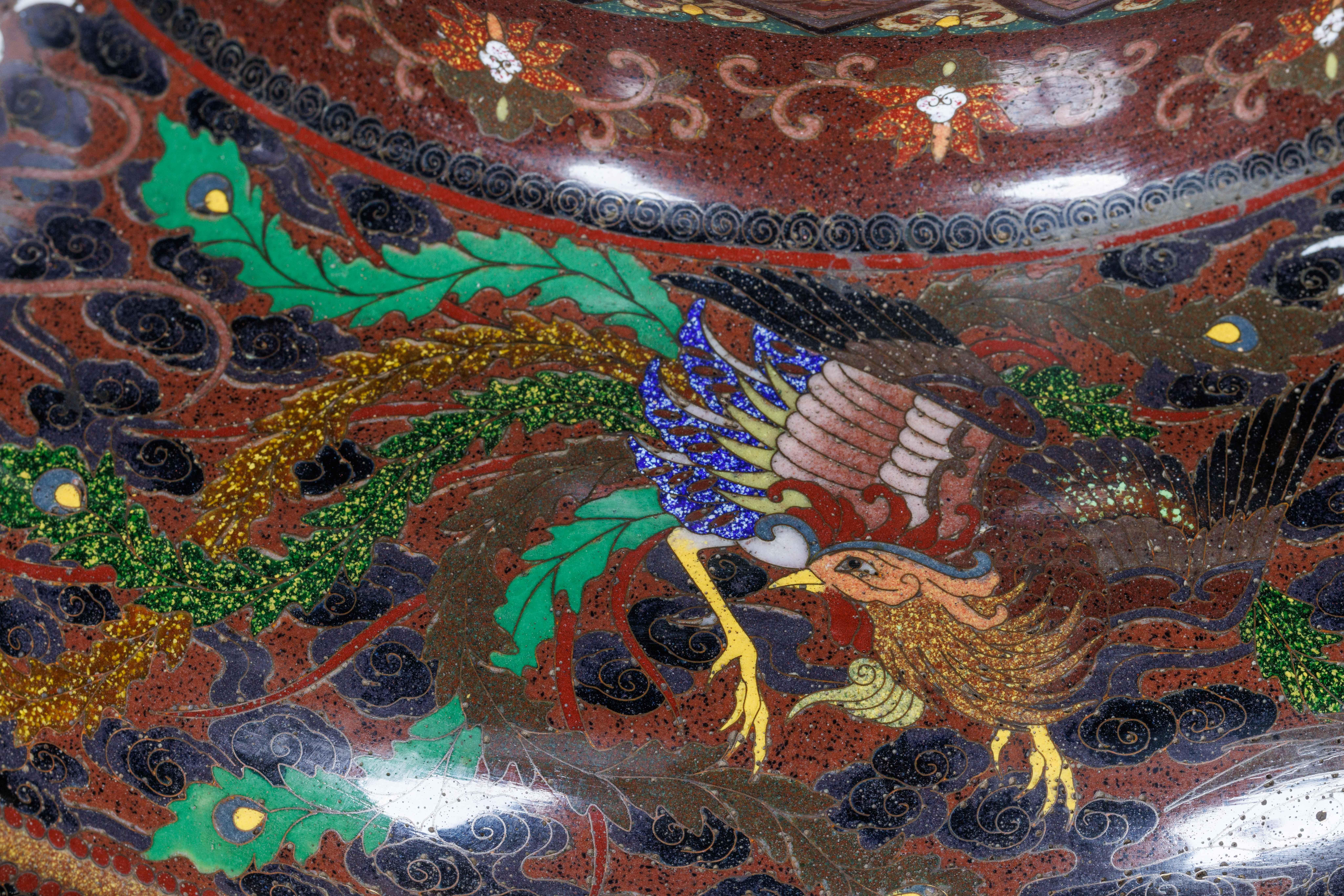Meiji Masterpiece by Ando Jubei: A Maroon Cloisonné Vase with Dragons & Phoenix In Good Condition For Sale In New York, NY