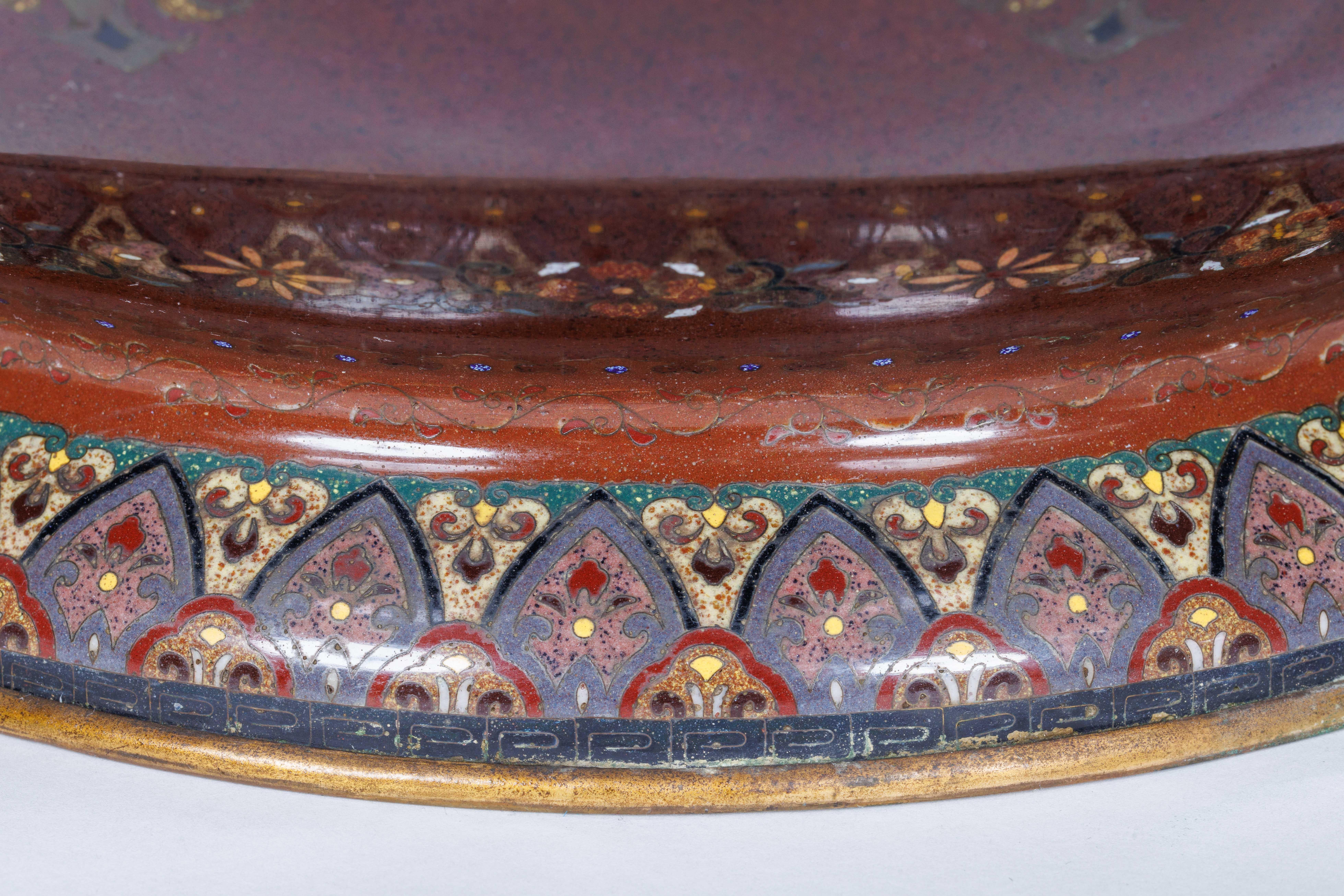 Enamel Meiji Masterpiece by Ando Jubei: A Maroon Cloisonné Vase with Dragons & Phoenix For Sale