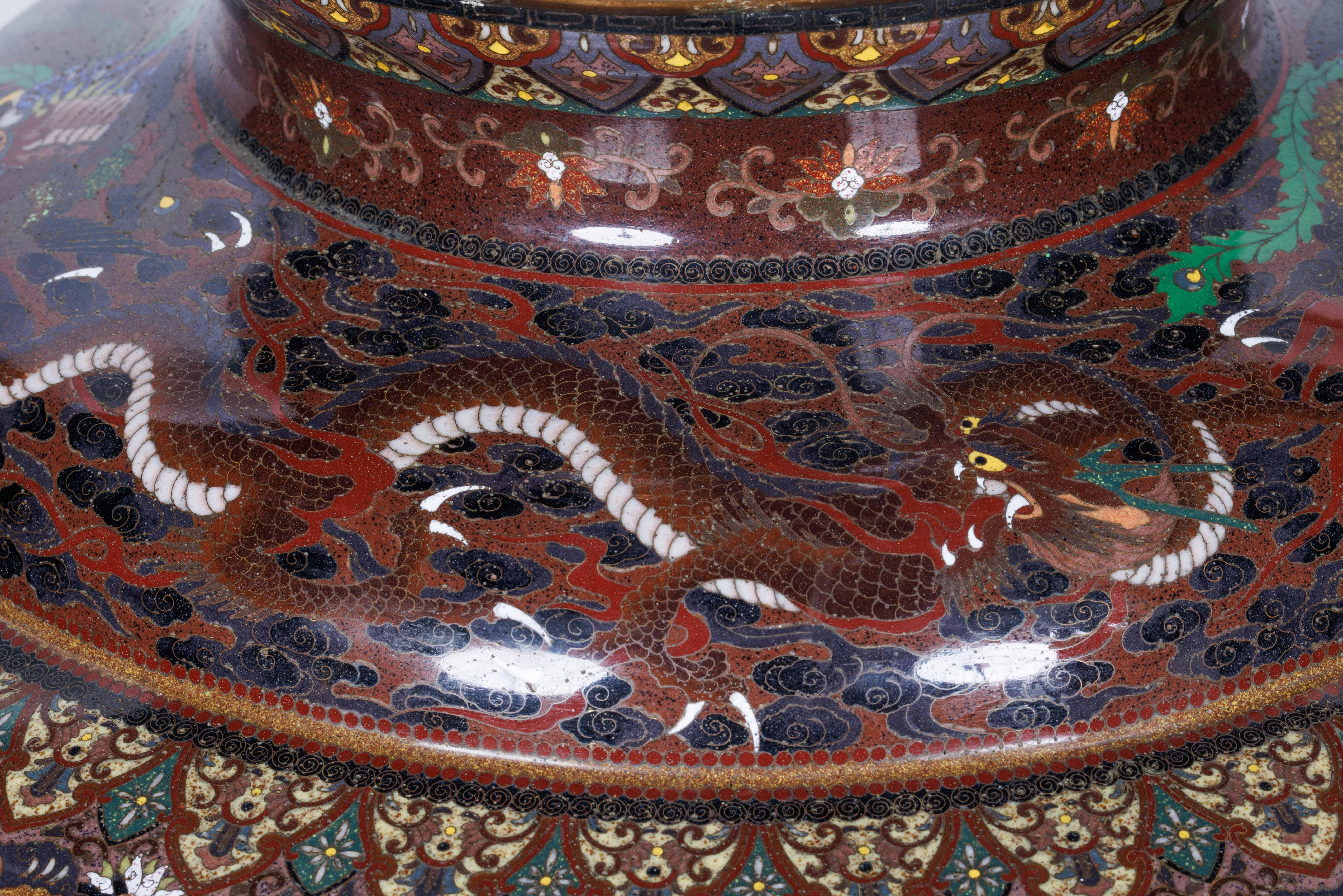 Meiji Masterpiece by Ando Jubei: A Maroon Cloisonné Vase with Dragons & Phoenix For Sale 1