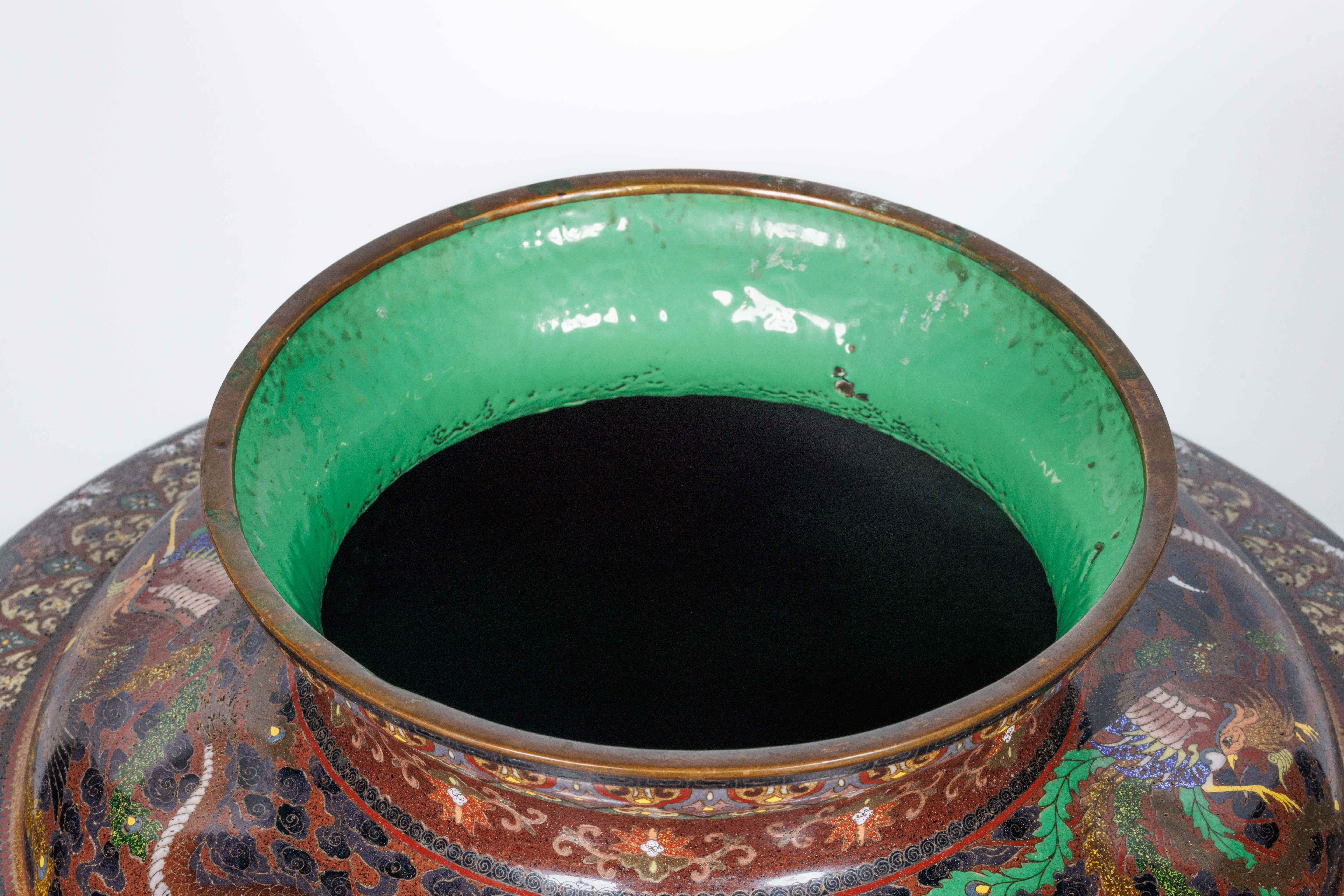 Meiji Masterpiece by Ando Jubei: A Maroon Cloisonné Vase with Dragons & Phoenix For Sale 2