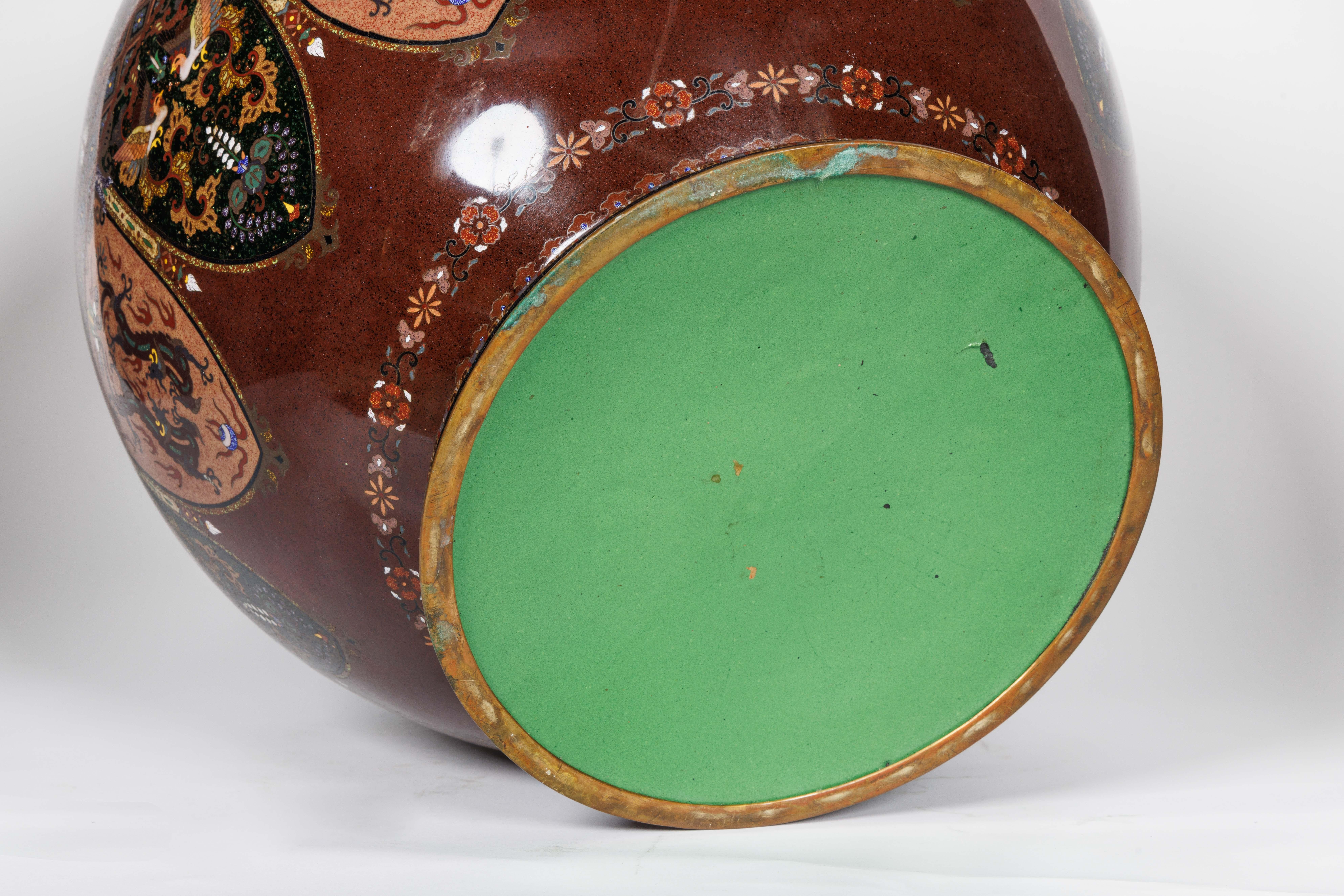 Meiji Masterpiece by Ando Jubei: A Maroon Cloisonné Vase with Dragons & Phoenix For Sale 3