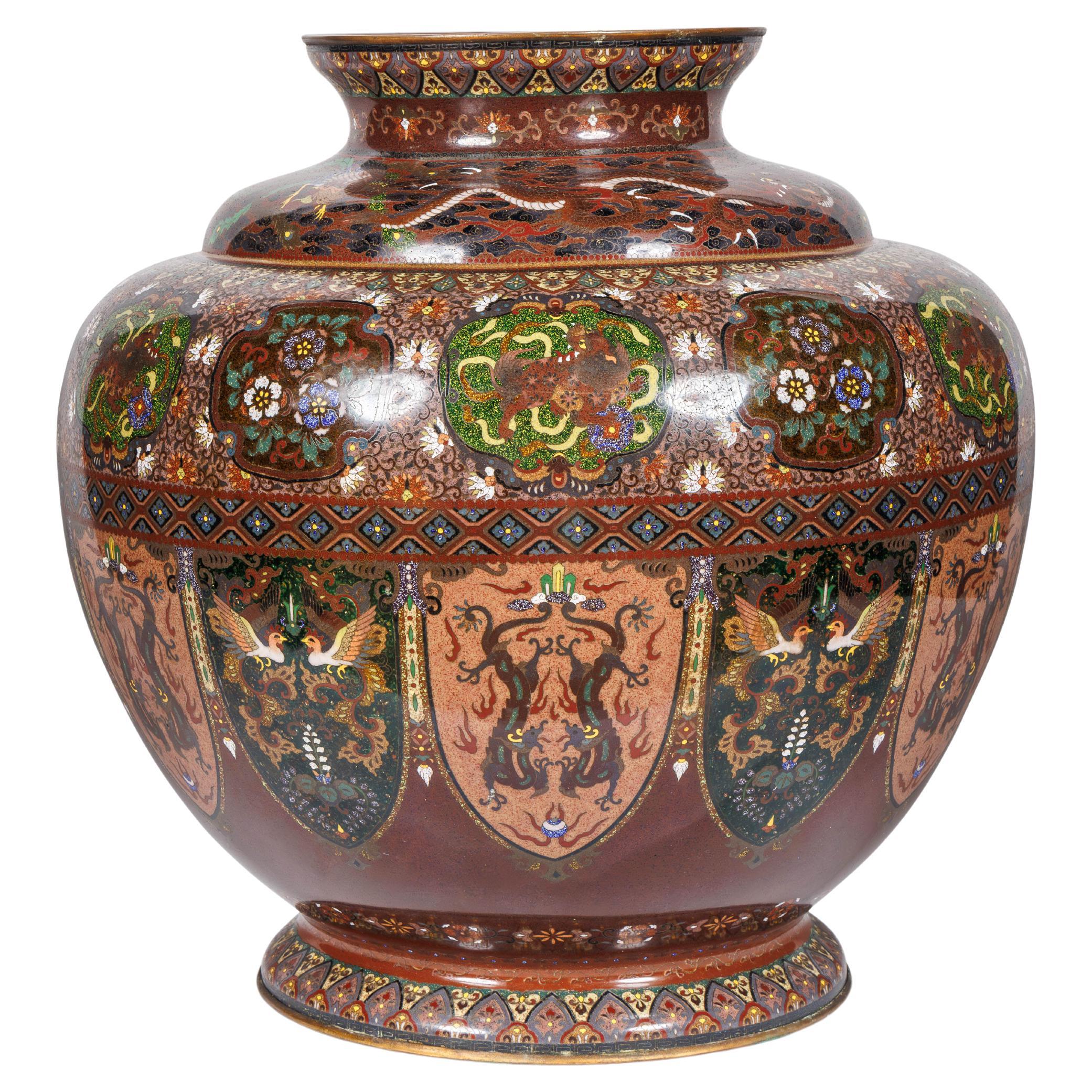 Meiji Masterpiece by Ando Jubei: A Maroon Cloisonné Vase with Dragons & Phoenix For Sale