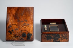 Meiji Natural Wood and Black Lacquer Autumn Grass Suzuribako