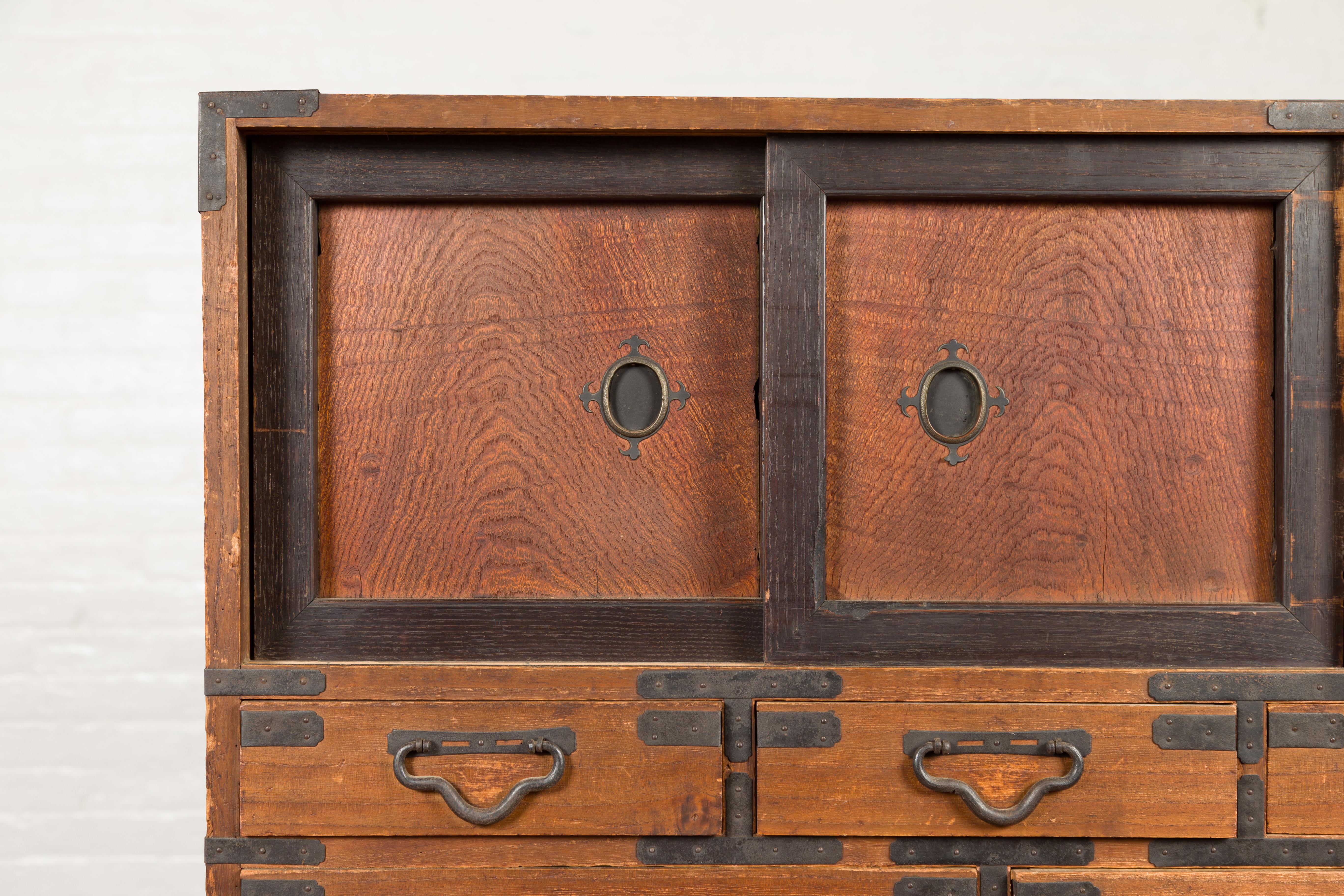 Meiji Period 19th Century Japanese Tansu Chest with Sliding Panels and Drawers In Good Condition In Yonkers, NY