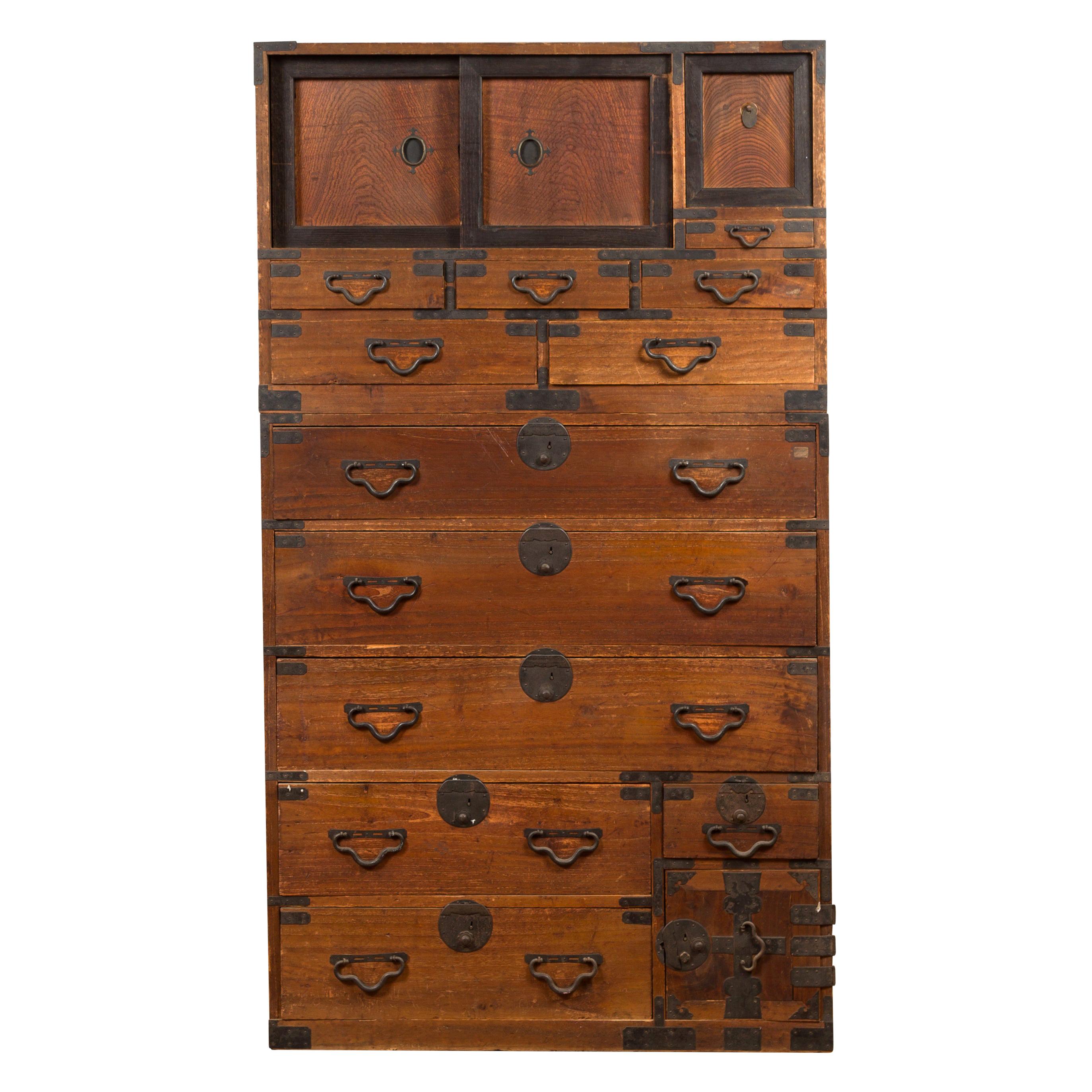 Meiji Period 19th Century Japanese Tansu Chest with Sliding Panels and Drawers