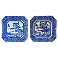 Meiji Period Blue and White Japanese Plates with Cut Corners
