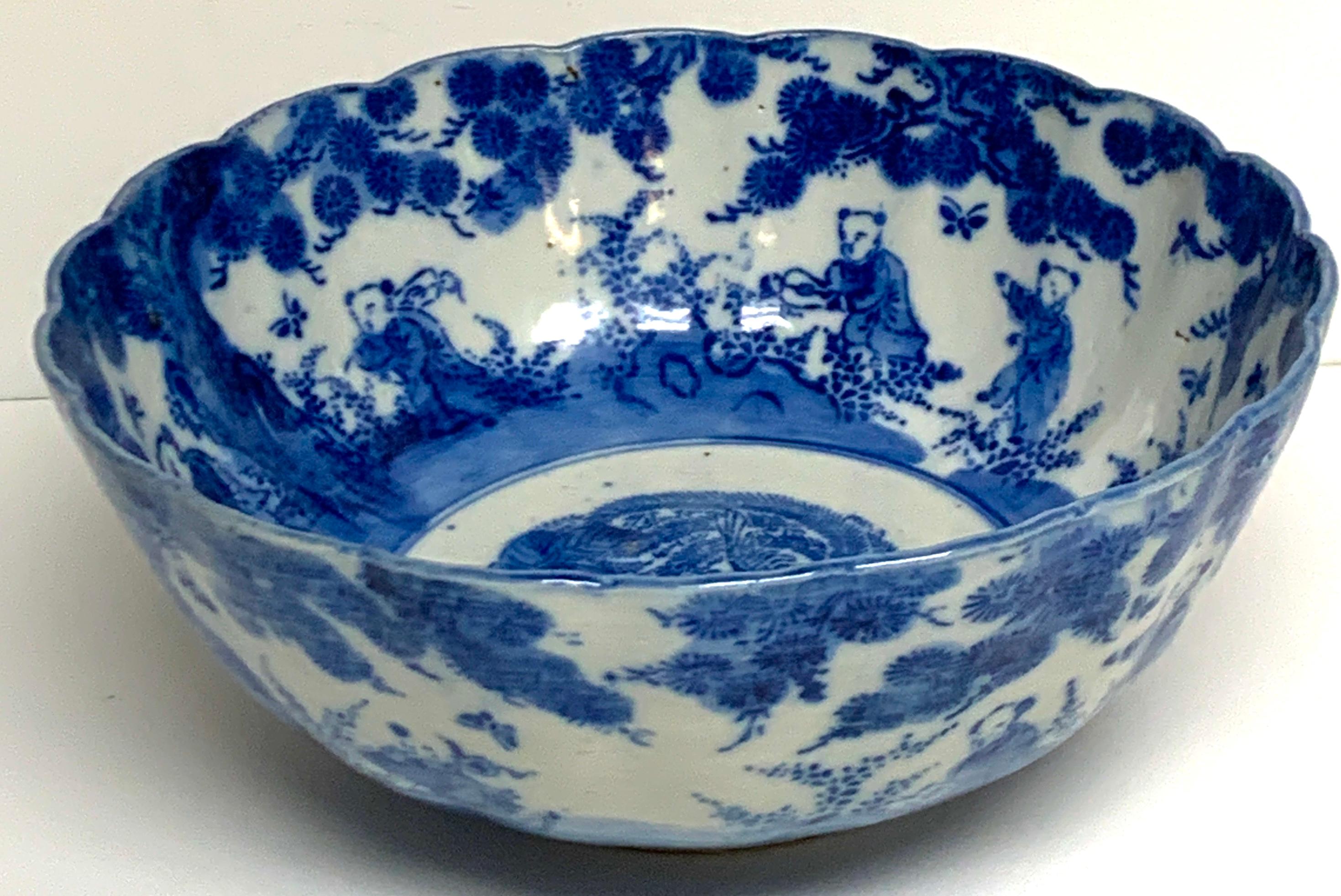 Porcelain Meiji Period Blue and White Imari Scalloped Bowl with Stand