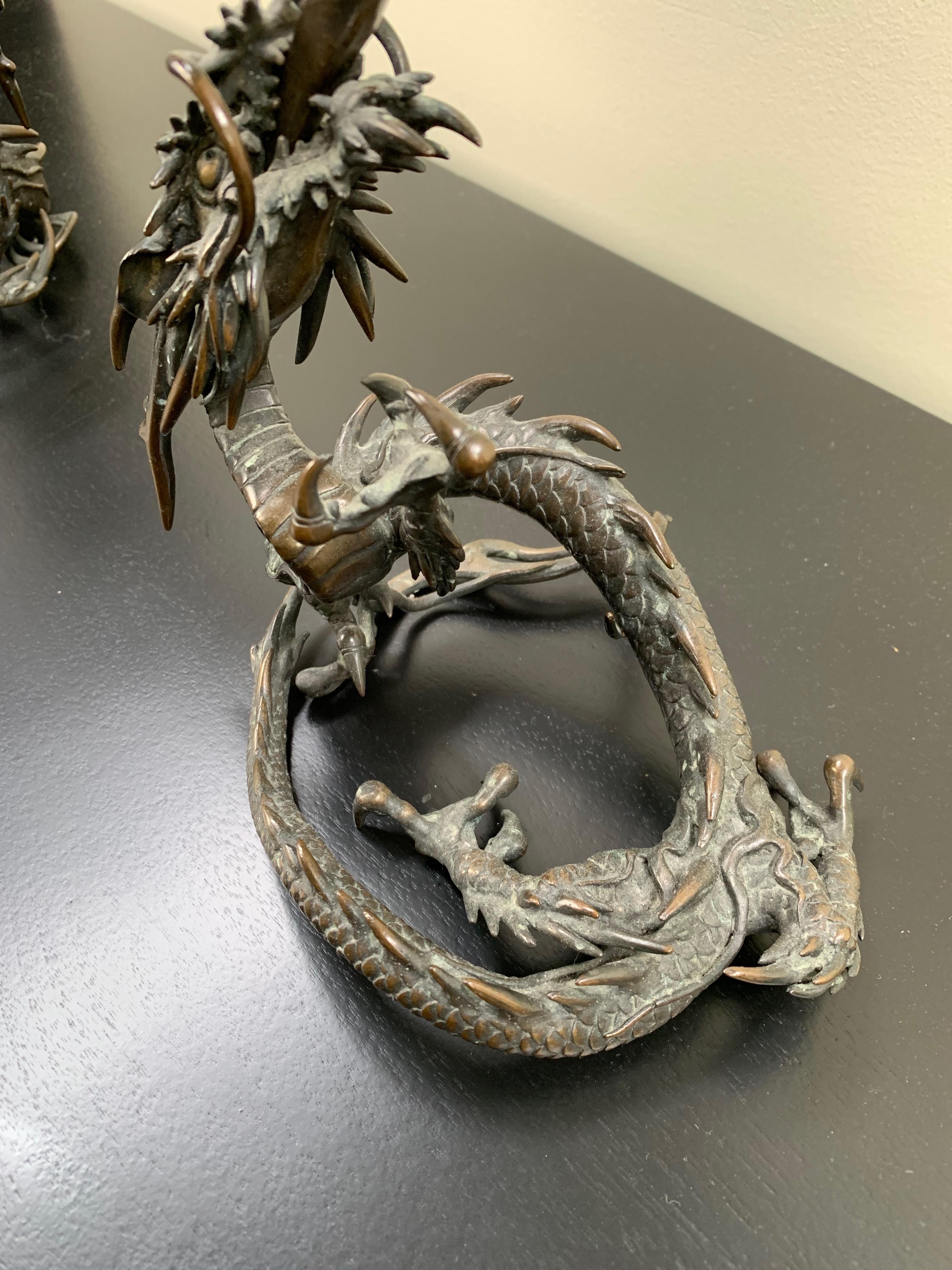 Meiji Period Bronze Dragon Form Candelabrum a Pair For Sale 4
