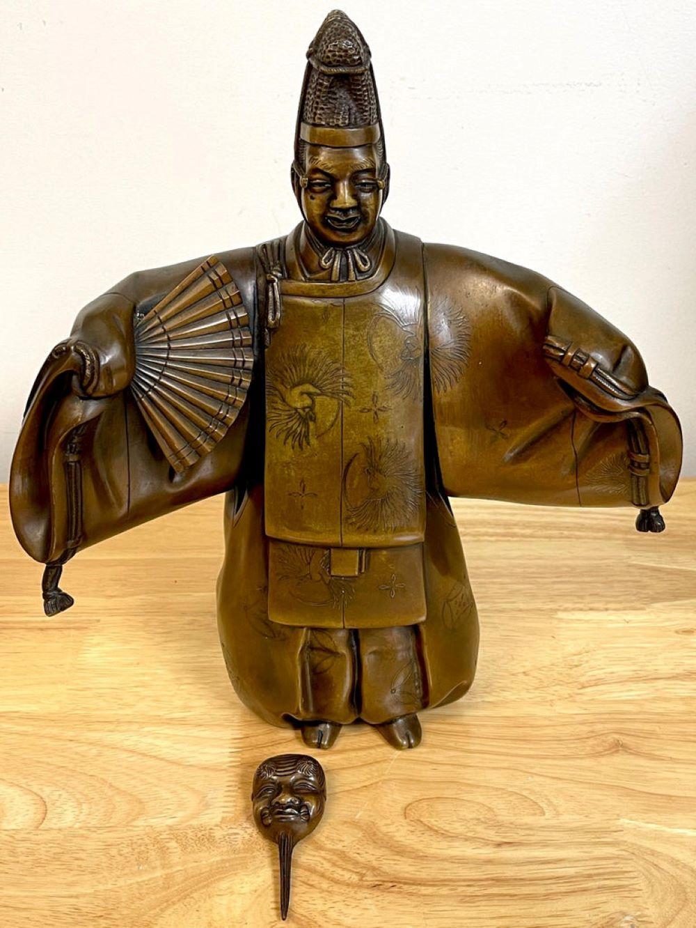 20th Century Meiji Period Bronze Figure of a Noh, With Mask For Sale