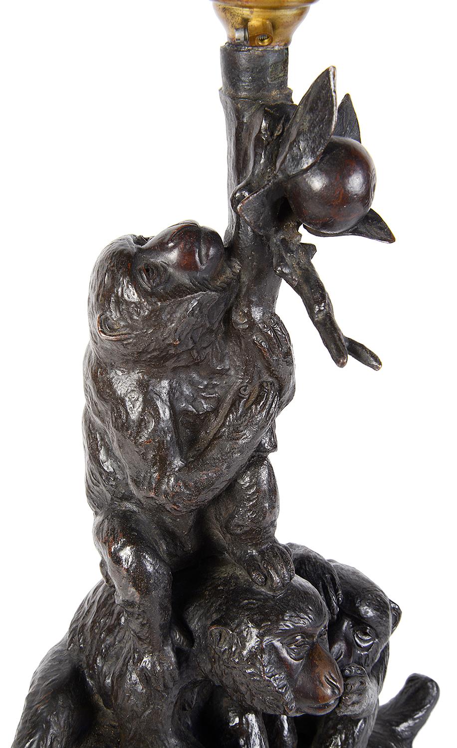 Meiji Period Bronze Study of Monkeys Playing / Lamp In Good Condition For Sale In Brighton, Sussex