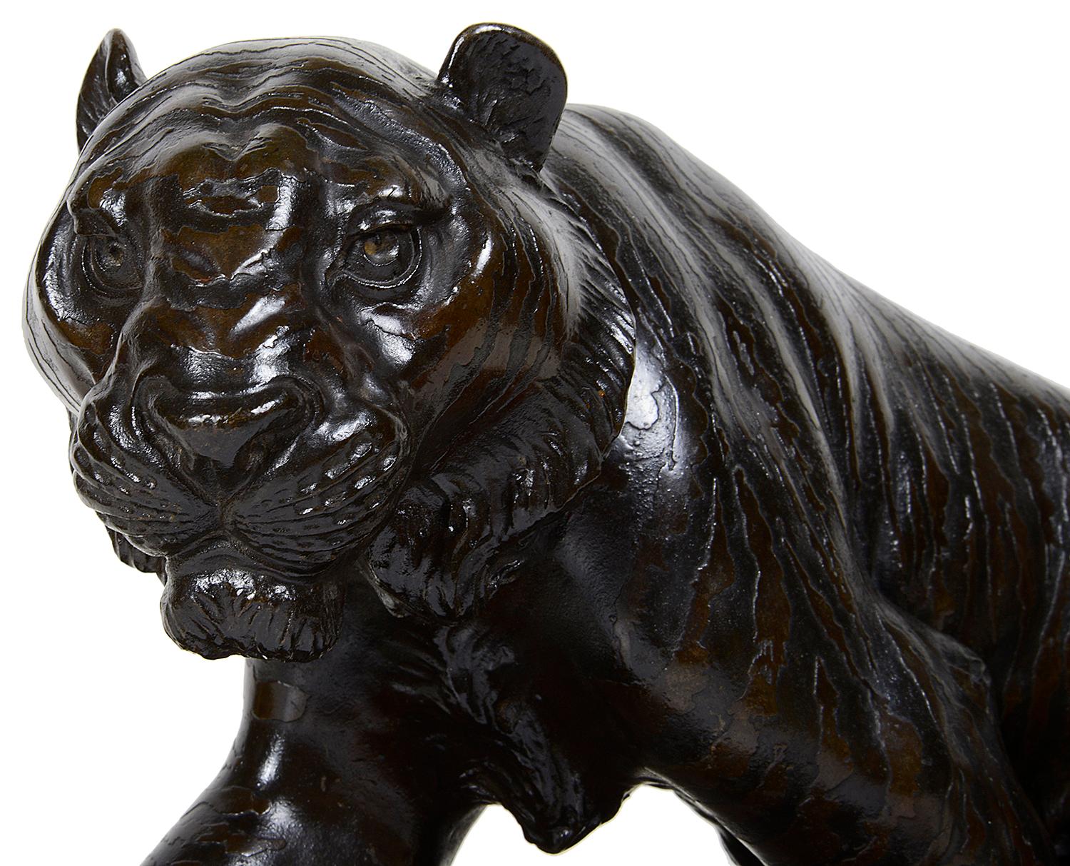 A very good quality late 19th century, Meiji period (1868-1912) Japanese patinated bronze Tiger mounted on a carved root wood base.