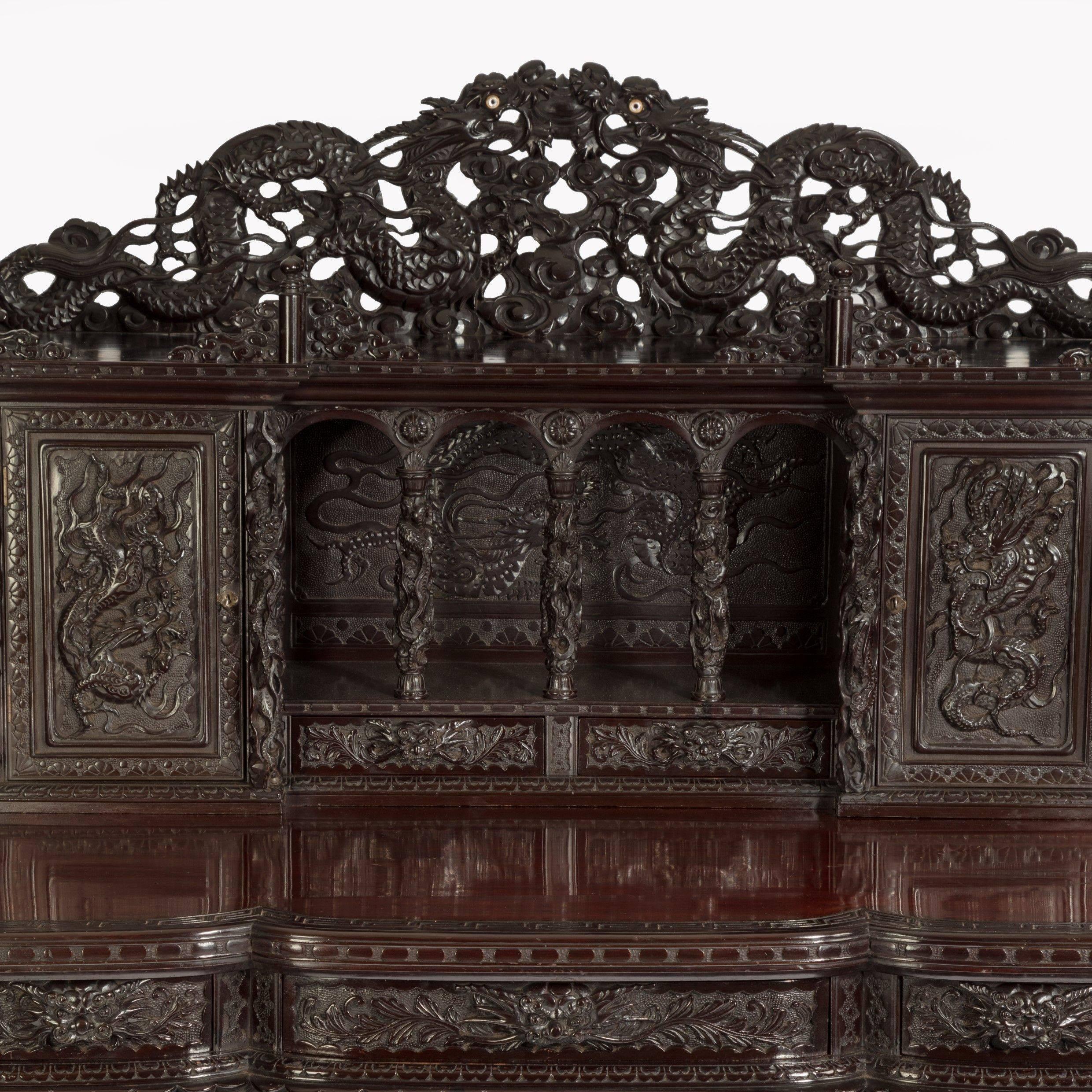 Japanese Meiji Period Carved Hardwood Desk and Chair