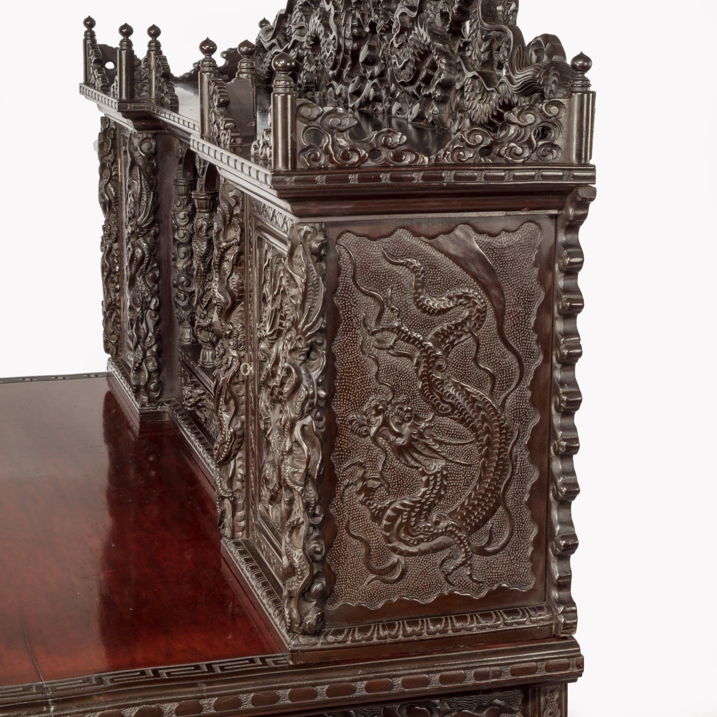 Meiji Period Carved Hardwood Desk and Chair In Good Condition In Lymington, Hampshire