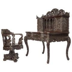 Meiji Period Carved Hardwood Desk and Chair