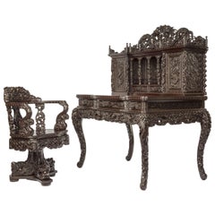 Meiji Period Carved Hardwood Desk and Chair