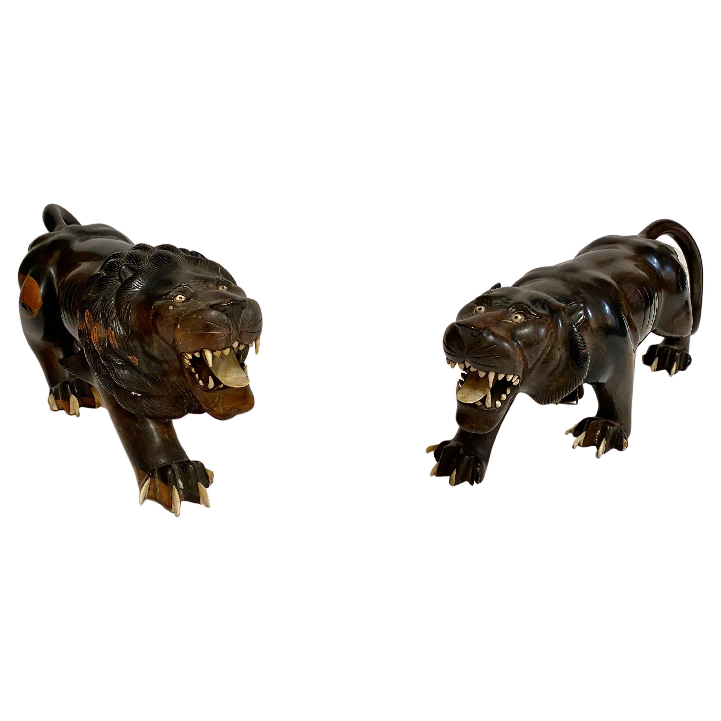 Meiji Period Carved Lion and Tiger For Sale