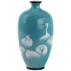 Meiji Period Cloisonné Vase with a Flock of White Egrets