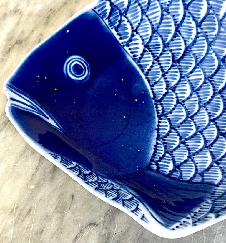Meiji Period Fukagawa Blue and White Fish Plates, 2 Available For Sale