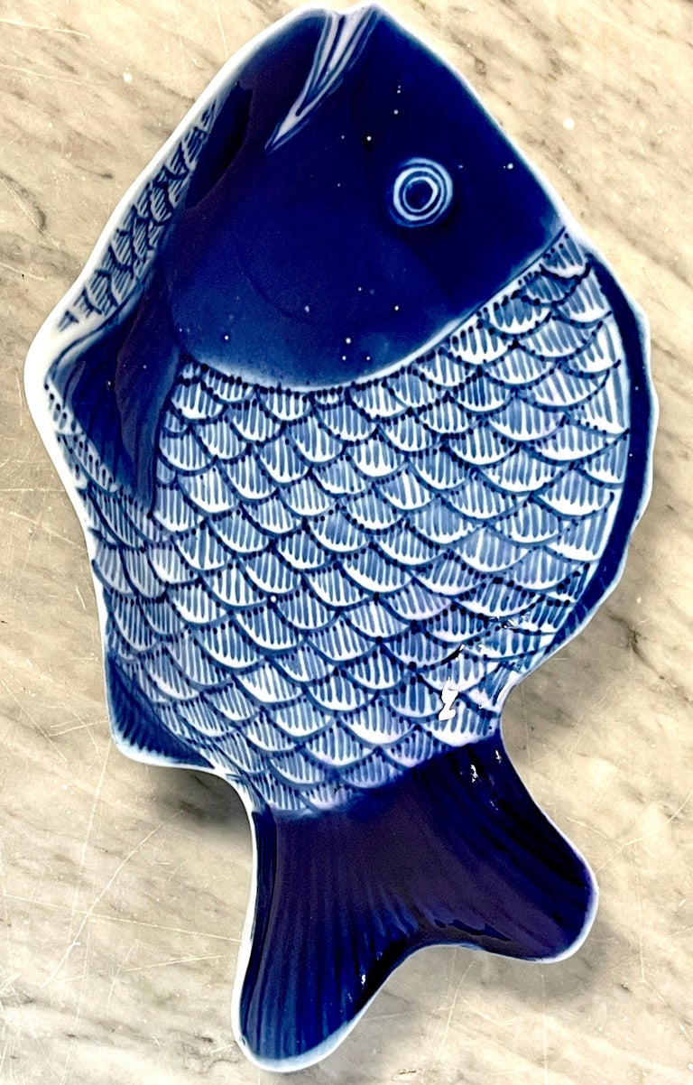 Meiji Period Fukagawa Blue and White Fish Plates, 2 Available For Sale