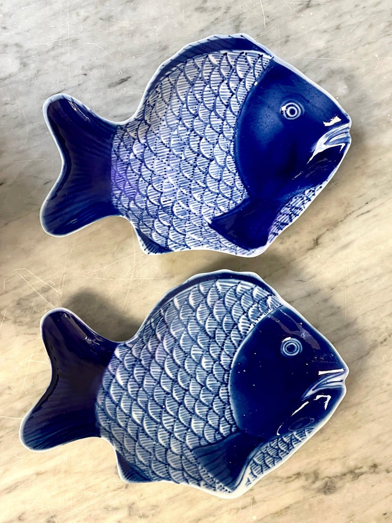 Meiji Period Fukagawa Blue and White Fish Plates, 2 Available For Sale