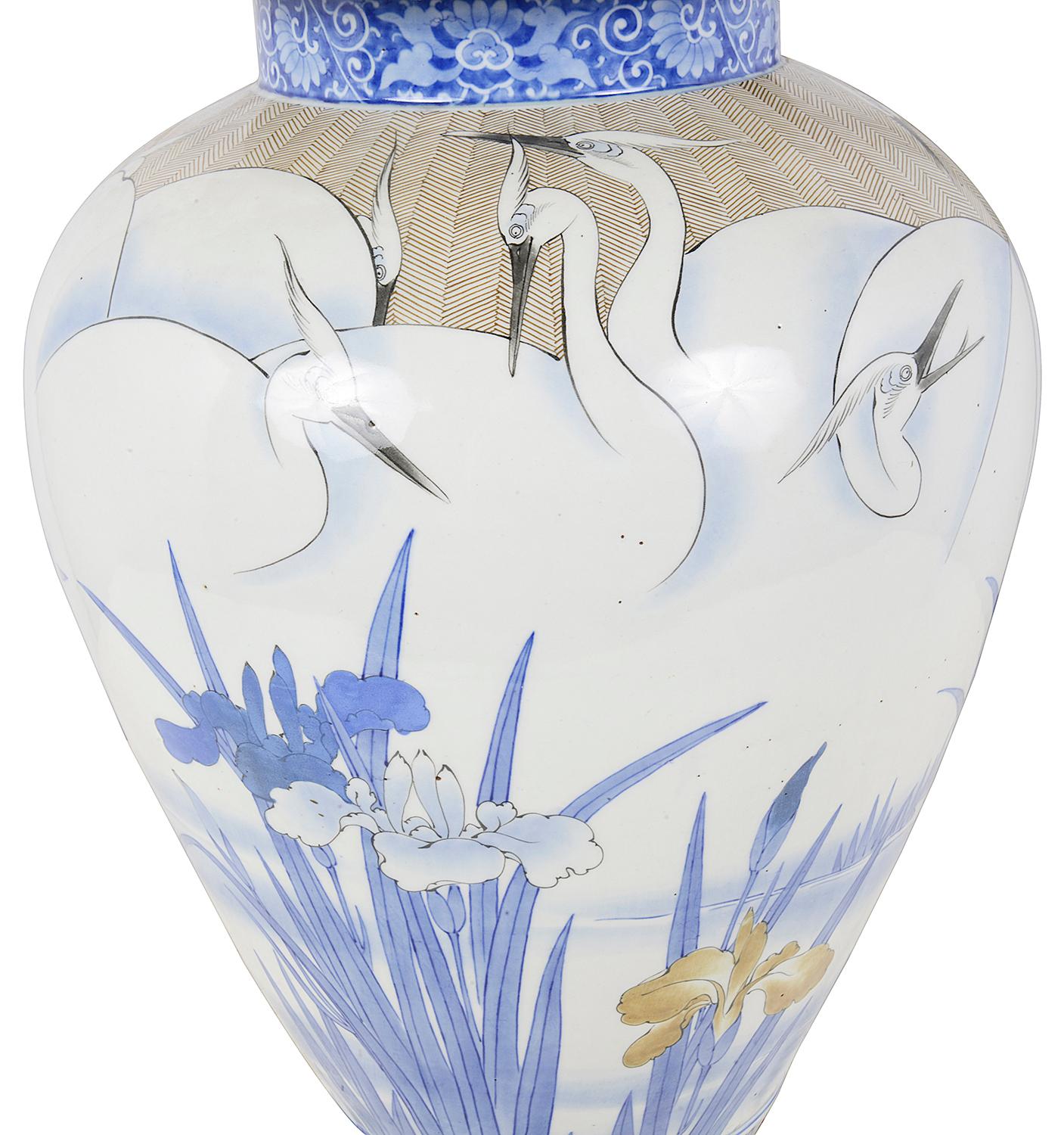 Hand-Painted Meiji Period Fukagawa Porcelain Lidded Vase For Sale