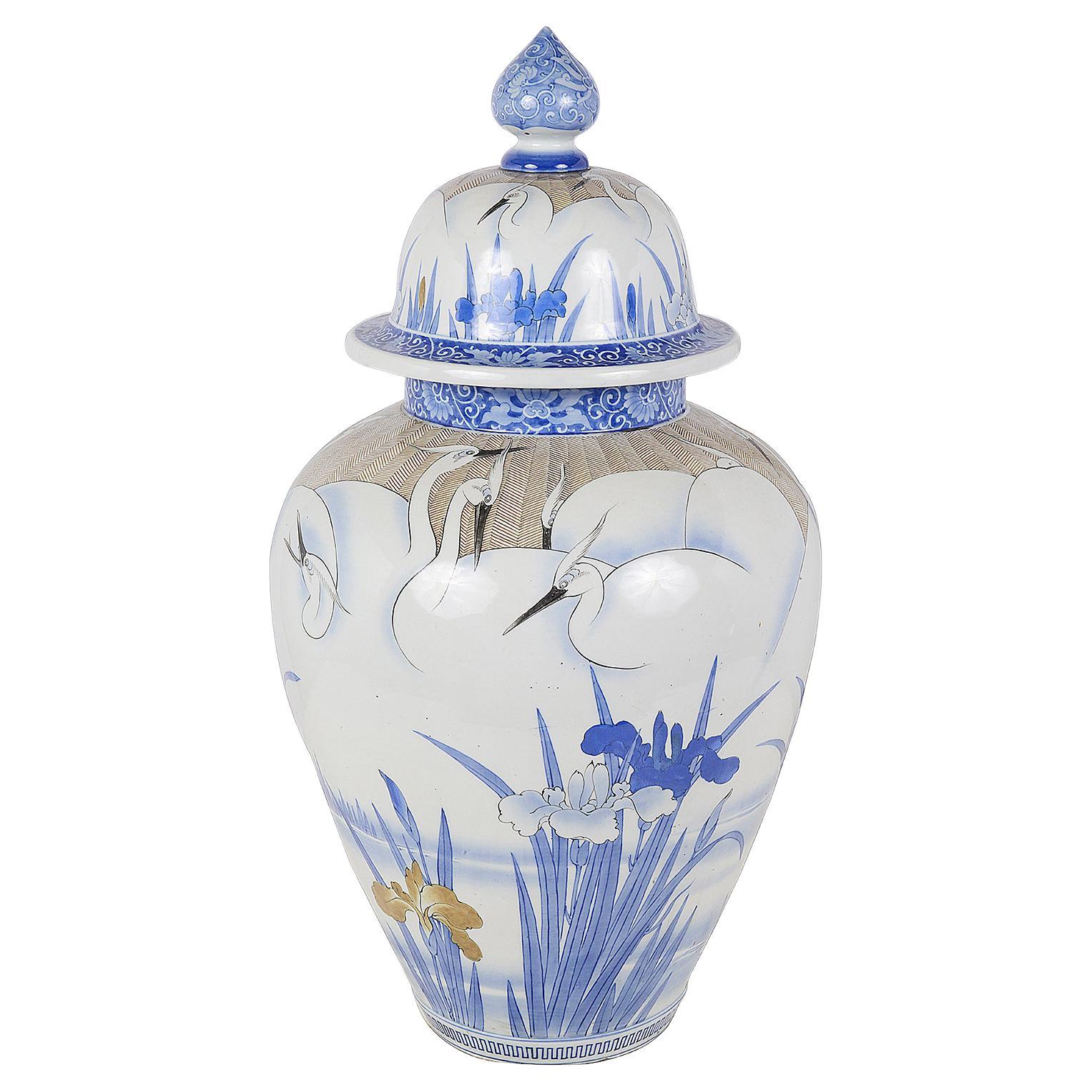 Meiji Period Fukagawa Porcelain Lidded Vase For Sale