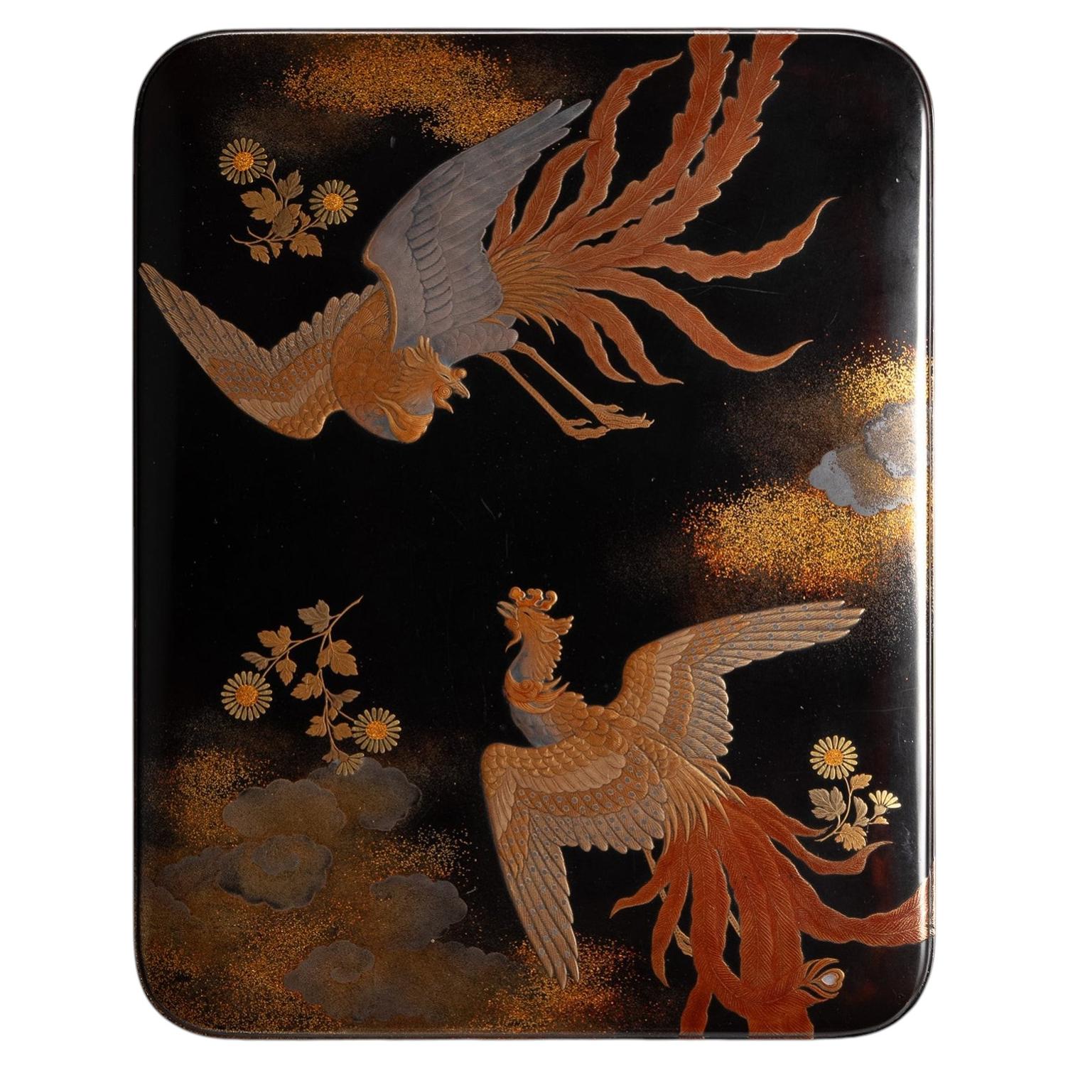 Meiji Period Gold Maki-e Phoenix & Chrysanthemum Suzuribako