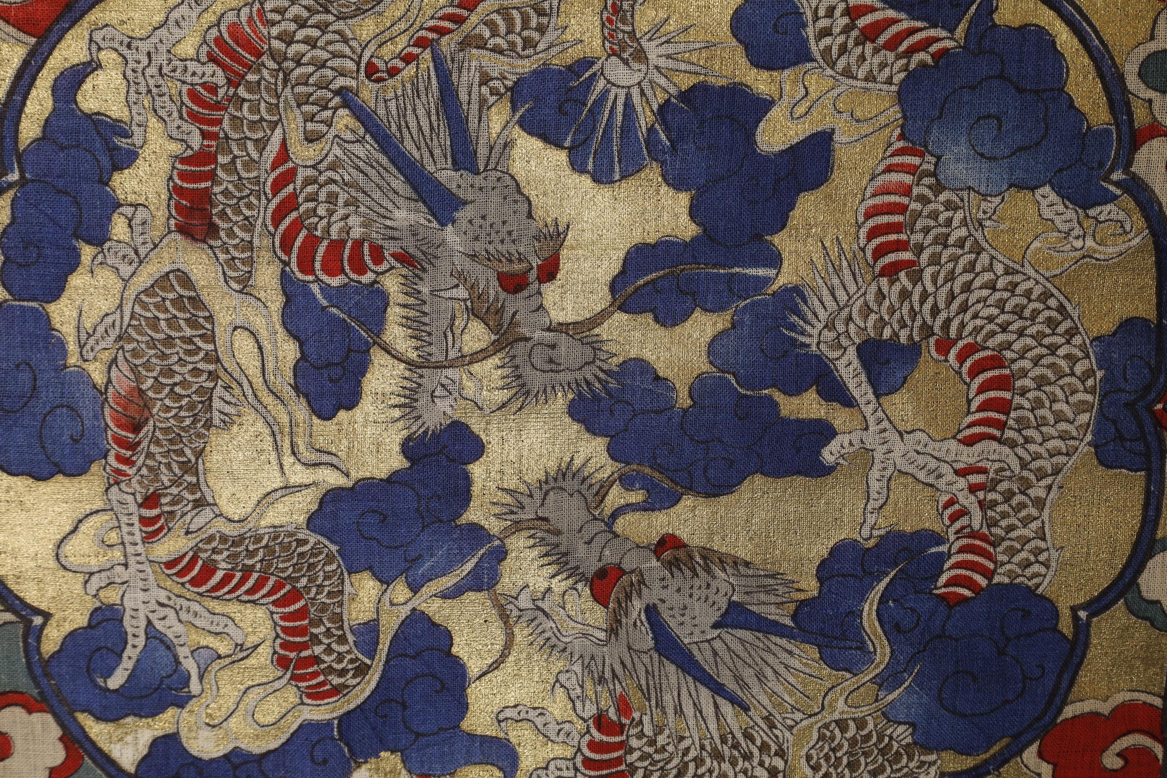 Linen Meiji Period Golden Dragon Zabuton Covers by Tanaka Rishichi For Sale