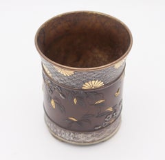 MEIJI Period Japan 1890 Imperial Shakudo Gold Mixed Metals Brush Vase-Pot