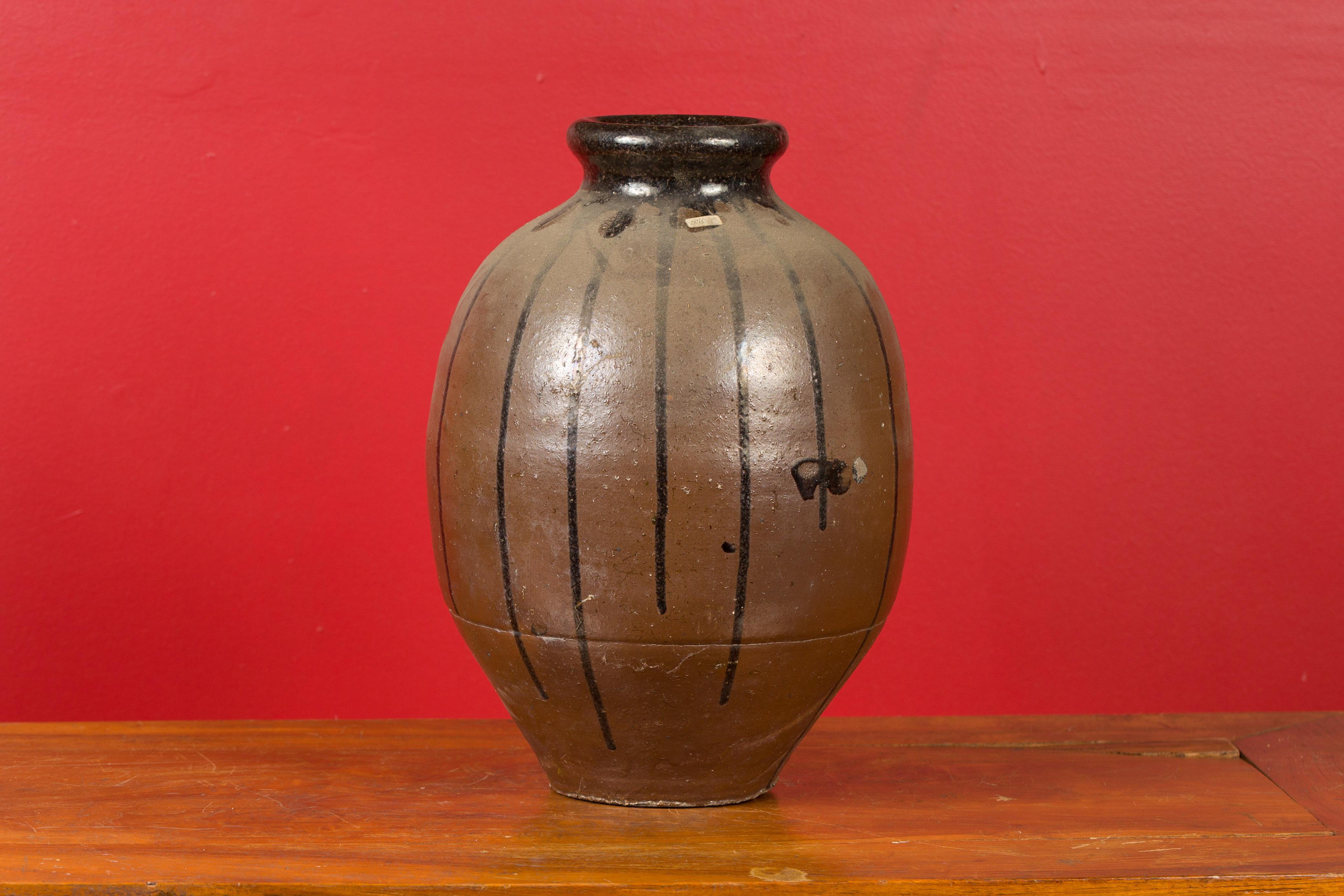 Ceramic Meiji Period Japanese 19th Century Vase with Brown and Black Patina