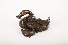 Meiji Period Japanese Bronze Duck and Duckling with Lotus Branch (1868–1912)