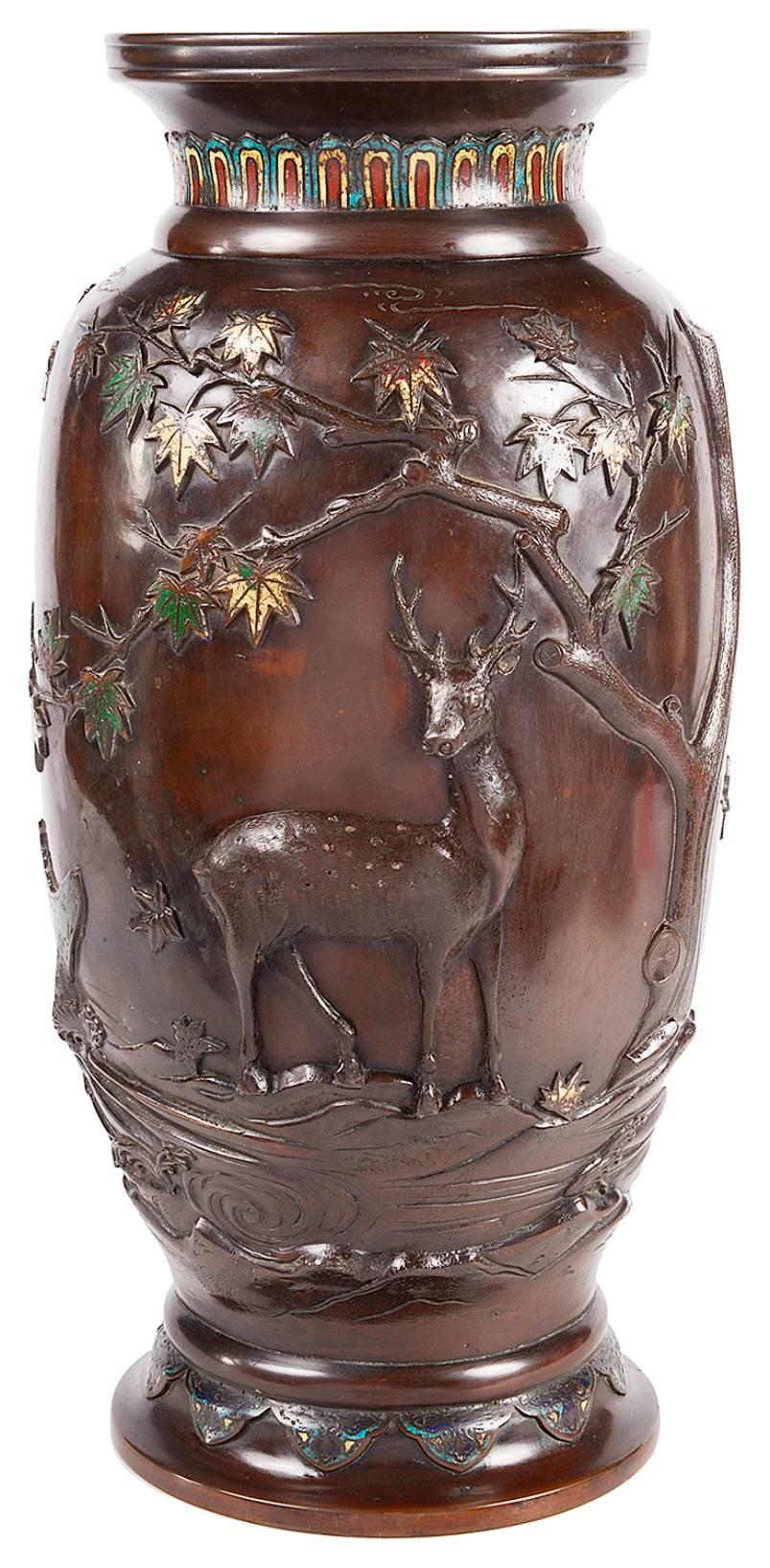 Enameled Meiji Period Japanese Bronze Enamel Vase For Sale
