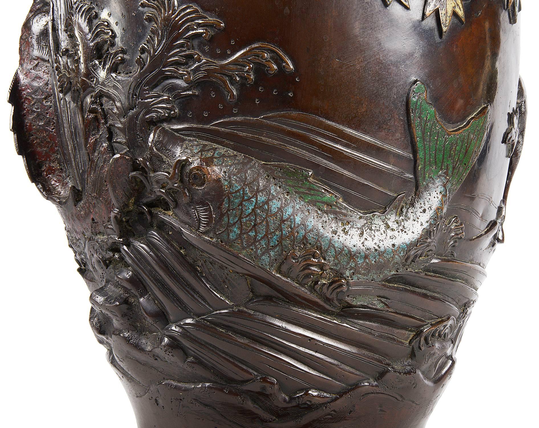 Meiji Period Japanese Bronze Enamel Vase In Excellent Condition For Sale In Brighton, Sussex