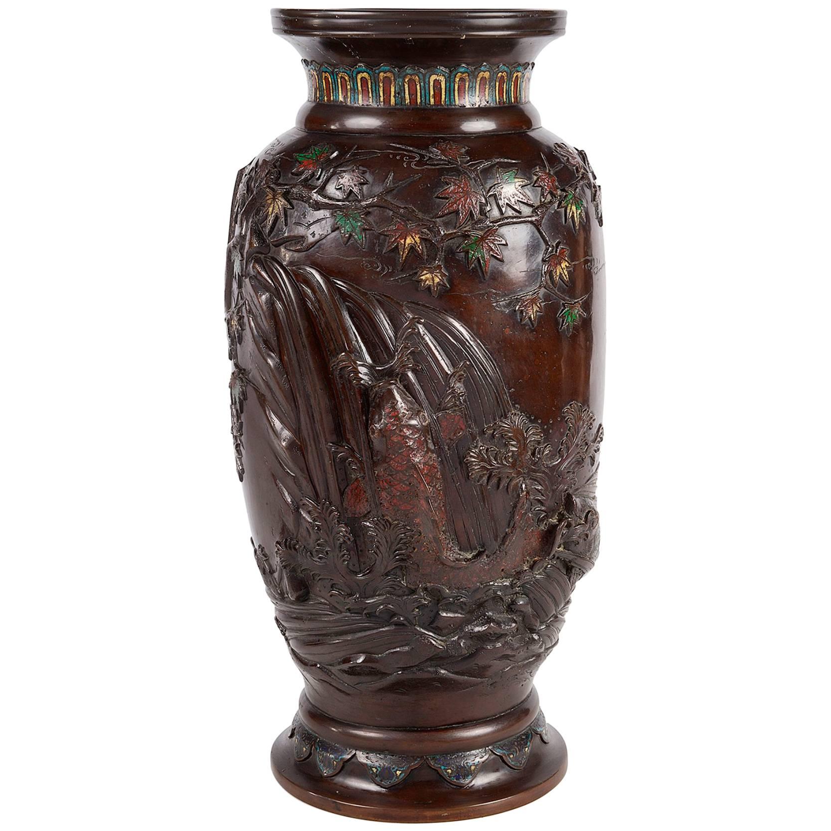 Meiji Period Japanese Bronze Enamel Vase For Sale