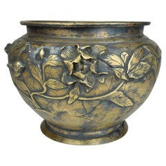Meiji Period Japanese Bronze Jardinière with High-Relief Birds and Blossoms