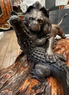 Meiji Period Japanese Bronze Lion And Crocodile On Wooden Base