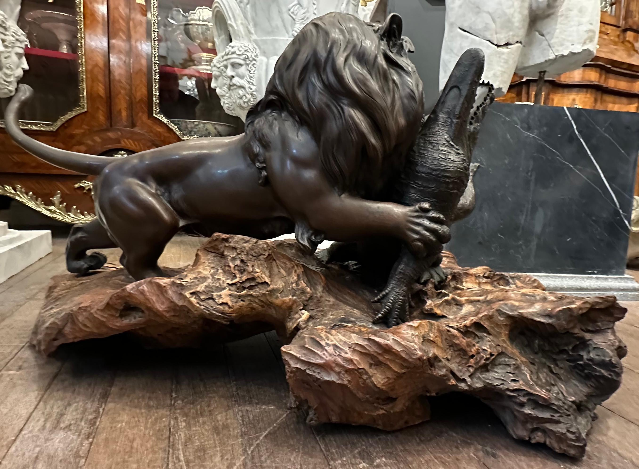 Hand-Crafted Meiji Period Japanese Bronze Lion And Crocodile On Wooden Base For Sale
