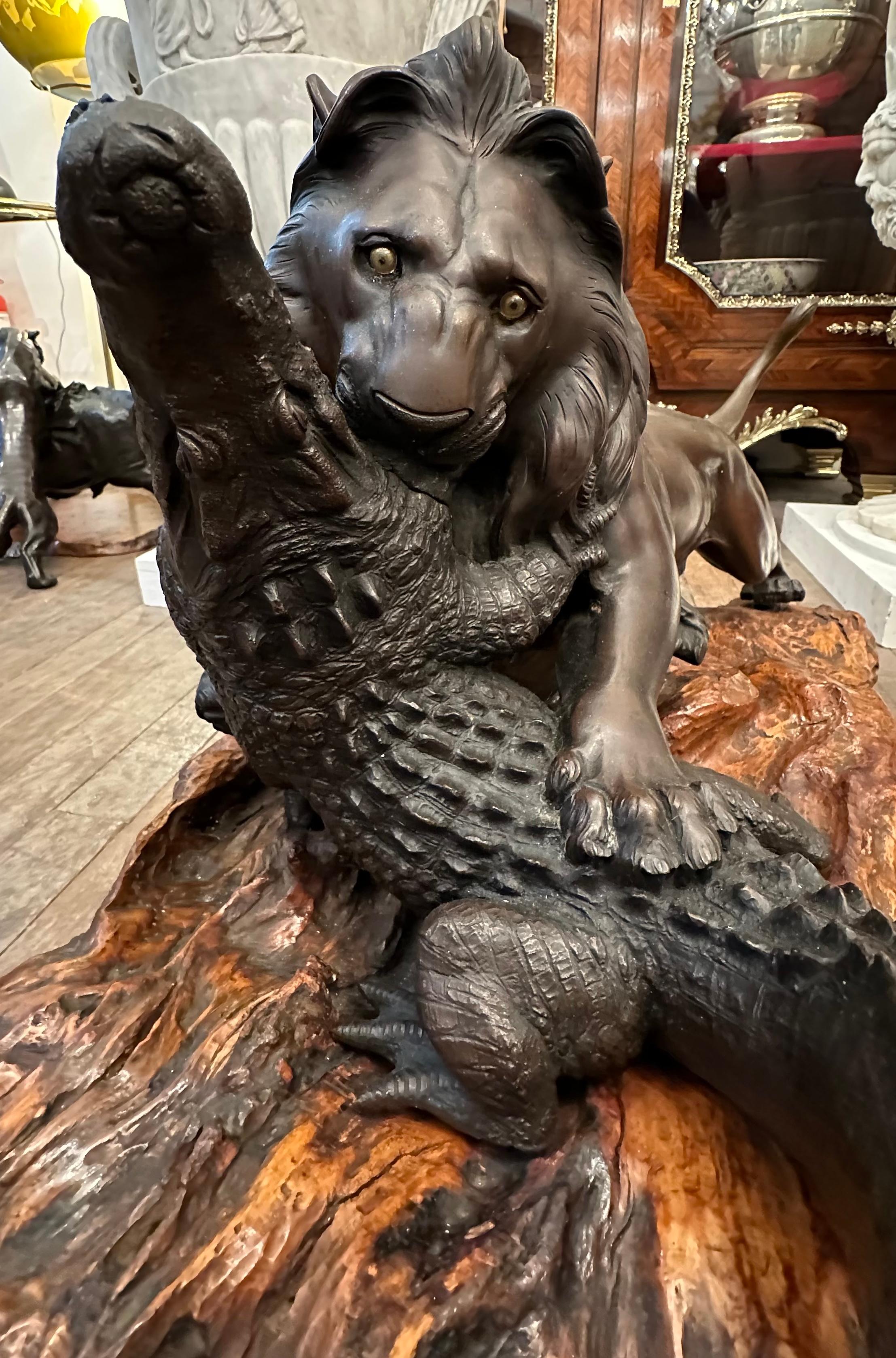 19th Century Meiji Period Japanese Bronze Lion And Crocodile On Wooden Base For Sale