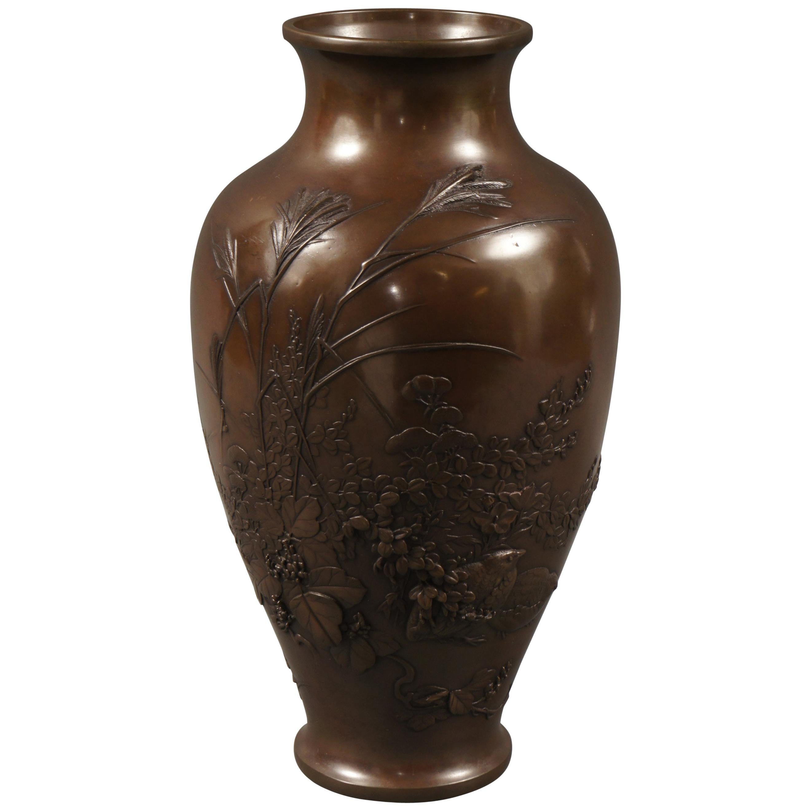 Meiji Period Japanese Bronze Vase with Grasses and Quail Design For Sale