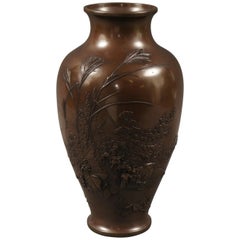 Antique Meiji Period Japanese Bronze Vase with Grasses and Quail Design