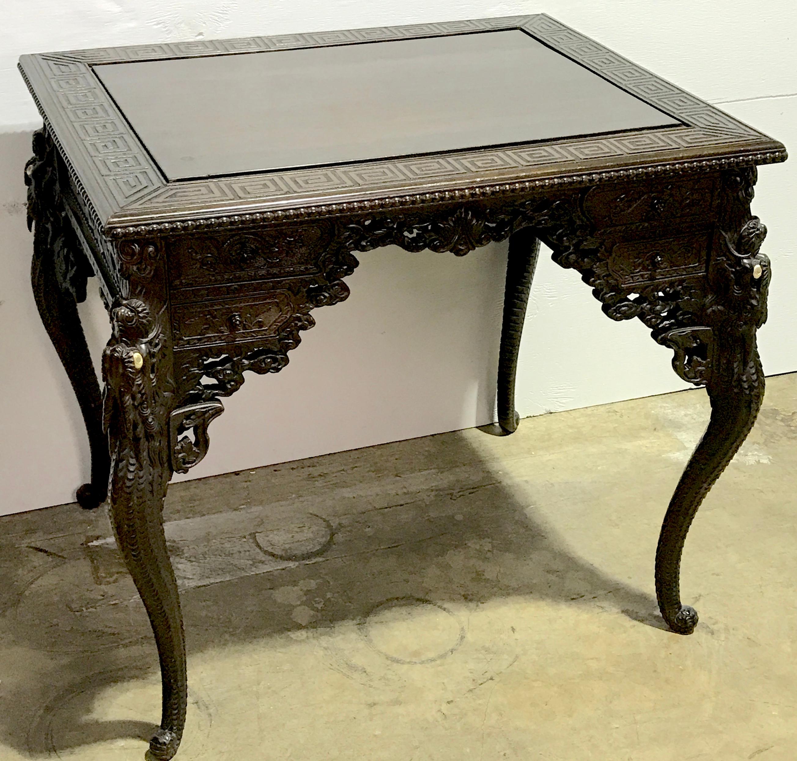 Hardwood Meiji Period Japanese Carved Dragon Motif Desk